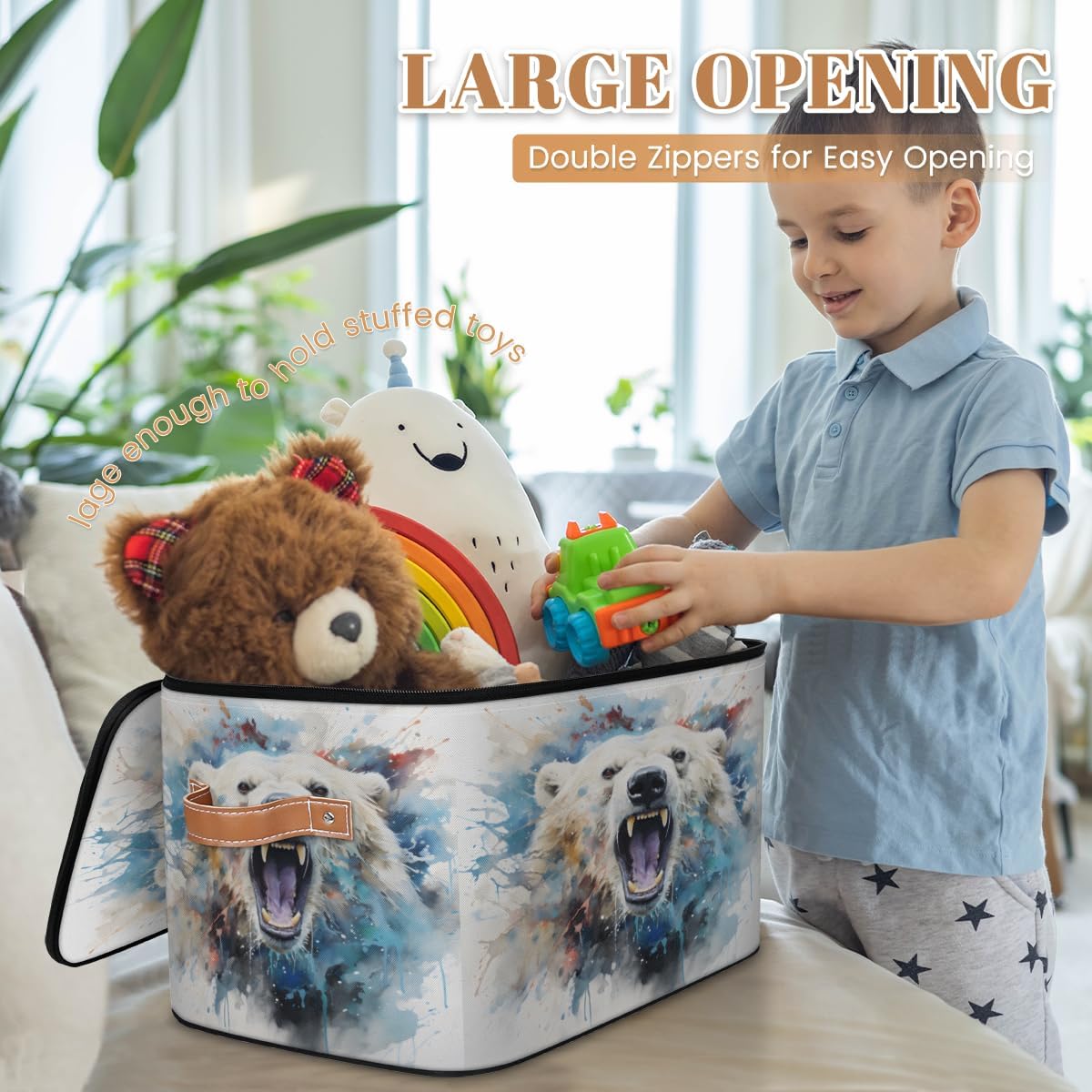 Storage Bin Set of 2 Animal Bear Storage Basket with Zipper Lid & Handle Foldable Closet Shelf 2 Pack Cloth Organizer Basket Cube Bins Clothes Organizer for Bedroom, Nursery
