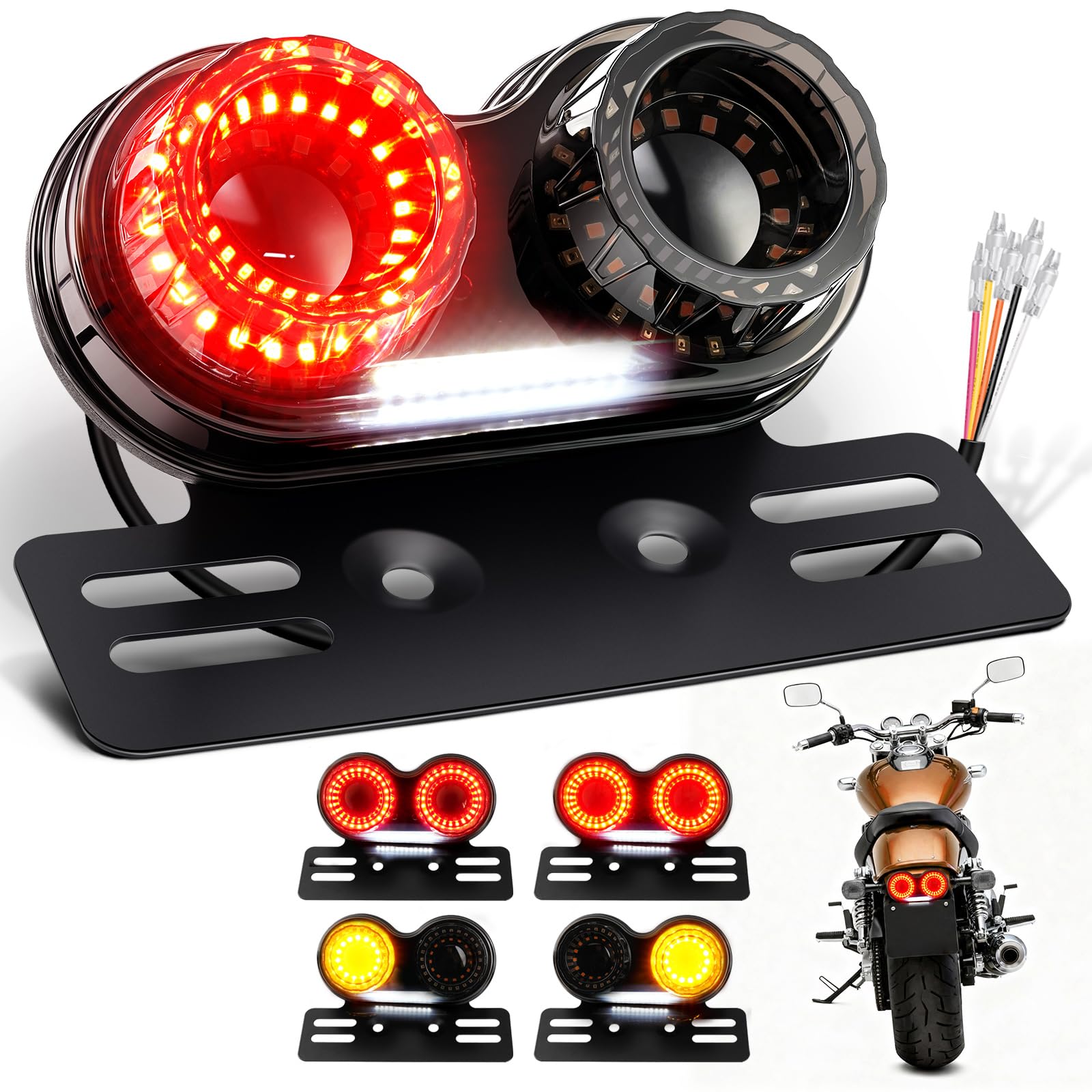 PBYMT Enhanced Motorcycle Tail Light, Break light Running Lights, IP67 Waterproof Turn Signals with License Plate Bracket Compatible with Street Bike Cruiser Chopper Bobber (Smoke, 90 LEDs)