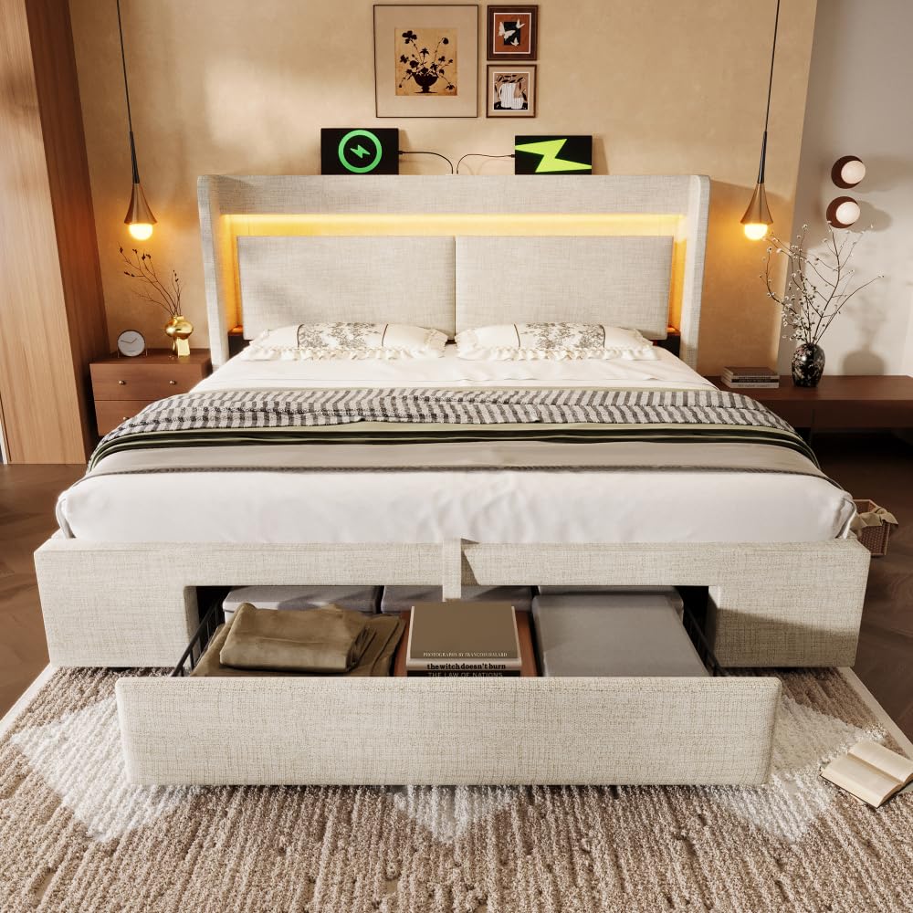 Sapgaks Lit rembourré avec LED,Port USB & USB-C,Rangement,tiroir,lit Coffre avec rangements hydrauliques,Cadre de lit 180x200 avec sommier à Lattes en Bois,Lin (Beige,180x200)