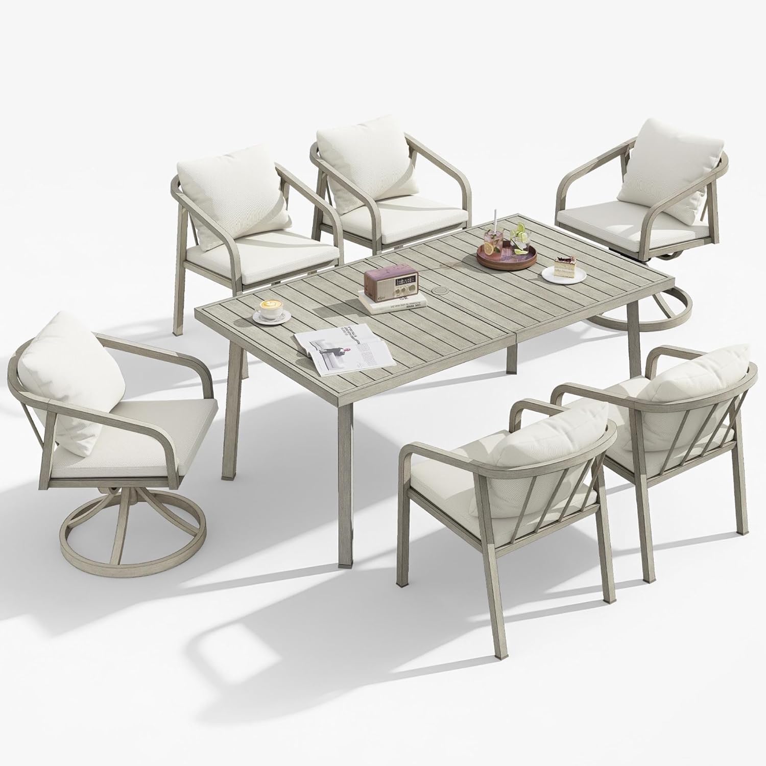 7 Pieces Outdoor Dining Set, Never-Rust Aluminum Patio Dining Set for 6, Outdoor Dining Table Set with 2 Swivel Chairs, 4 Dining Chairs, Patio Furniture Set for Porch, Garden, Gray Oak