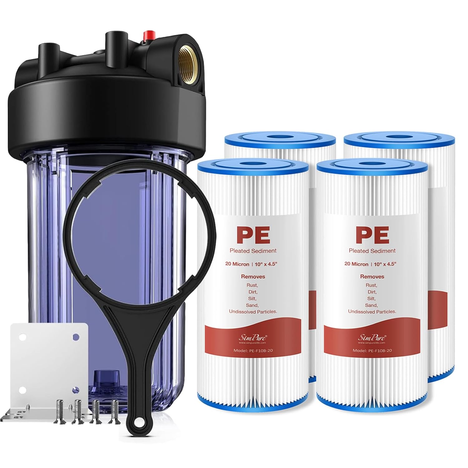SimPure Upgrade Whole House Water Filter Housing DB10C (1-Set) and 20 Micron 10" x 4.5" Pleated Polyester Sediment Water Filters (4-Pack)