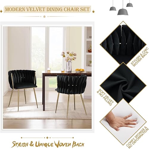 Miniatura 4 de Juego de 2 sillas de comedor tapizadas de terciopelo, sillas modernas para sala de estar con respaldo tejido y patas de metal dorado, silla auxiliar