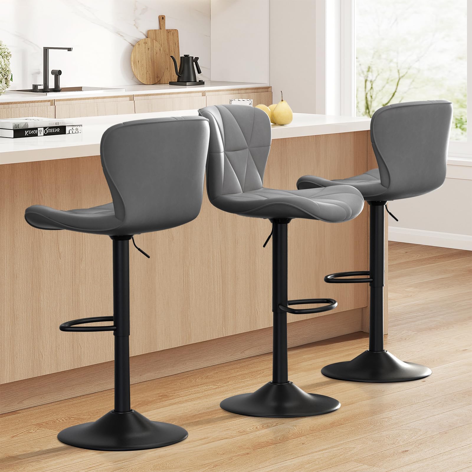 Hawthyhome Taburetes de Bar Juego de 2 | con Respaldo, Altura Regulable, Giro 360°, Cuero sintético, para Comedor, Bar en casa o Isla de Cocina, Color Gris Oscuro