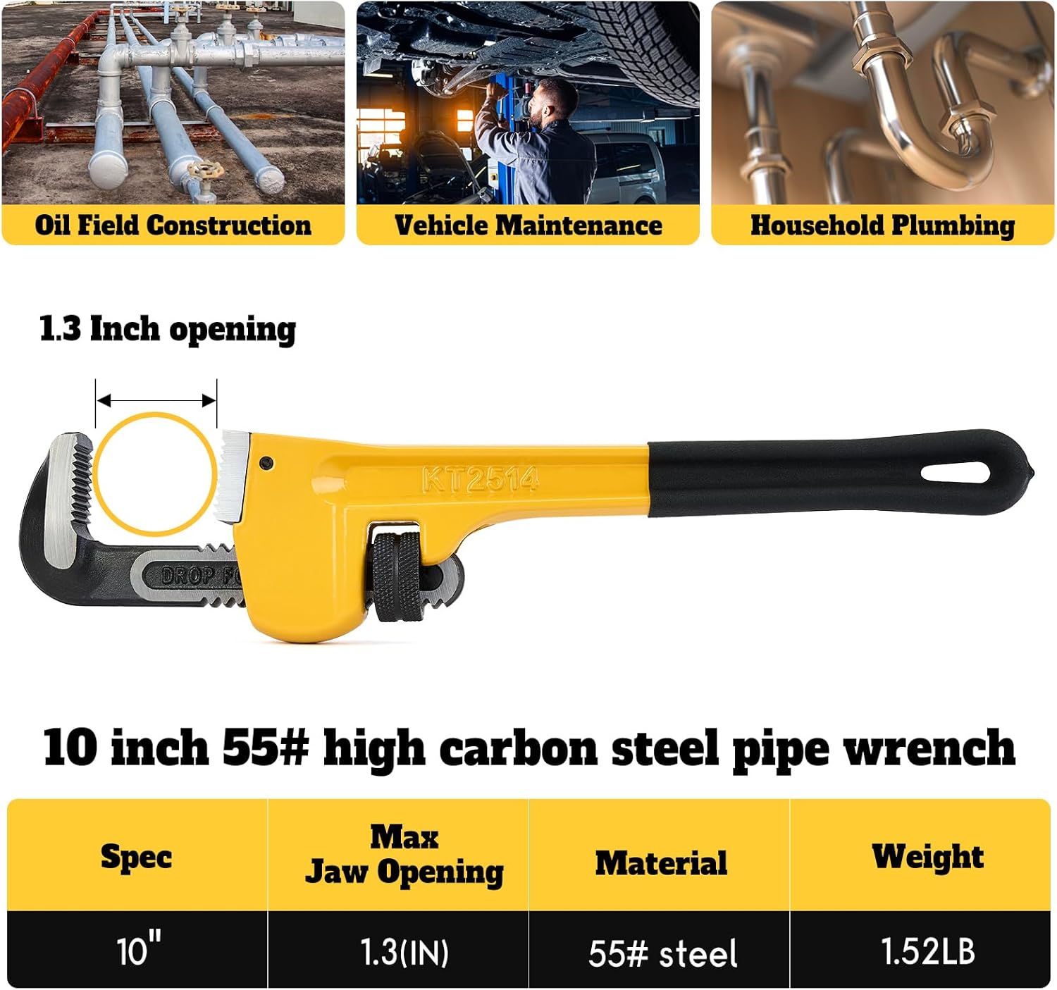 10 Inch Pipe Wrench, Heavy Duty Forged Steel Adjustable Wrench with Precision Worm Gear and Serrated Jaw, for Plumbing & Pipe Maintenance