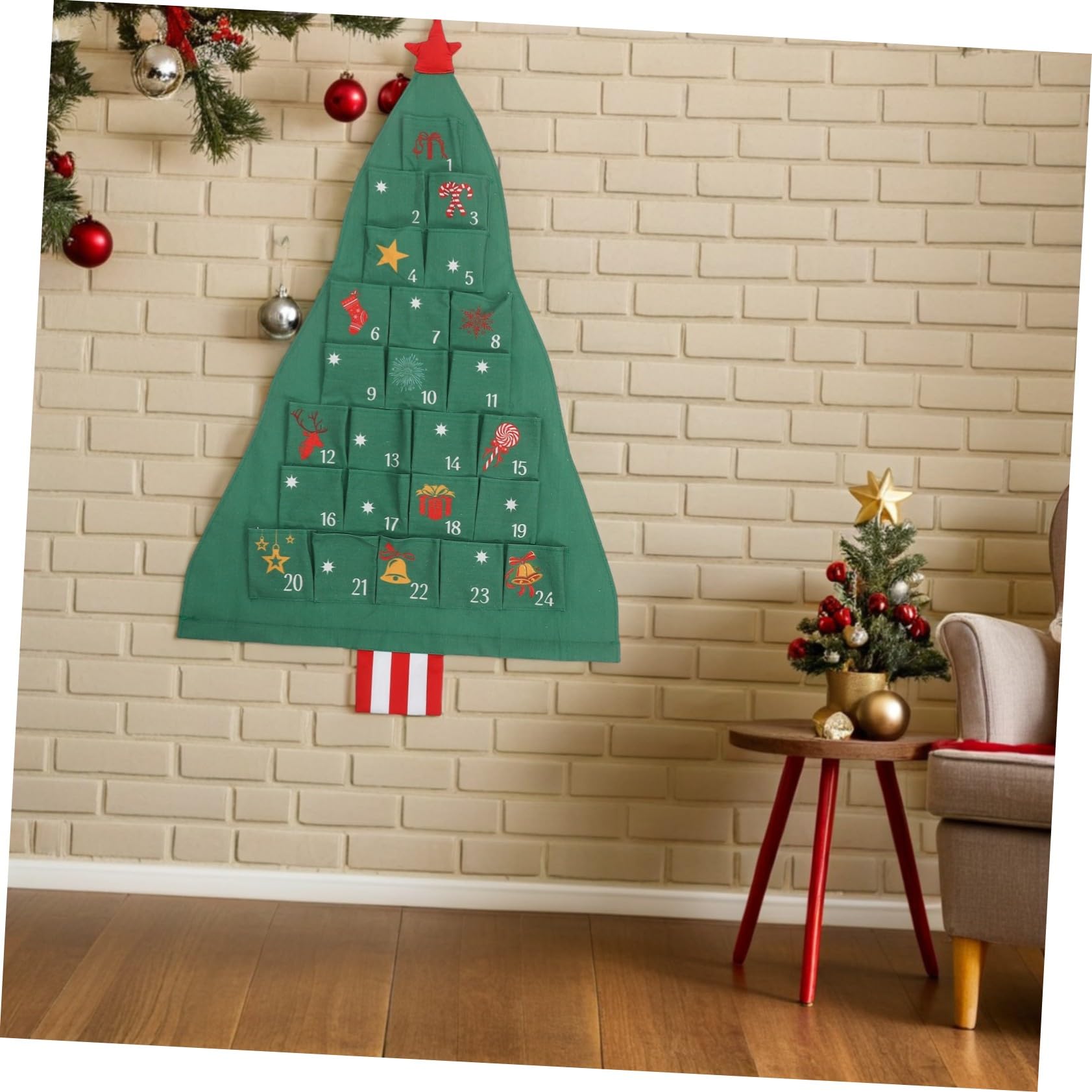 Calendario Avvento Riutilizzabile Appeso Forma di Albero Verde con Grandi in Cotone Lino Calendario Conto alla Rovescia Natalizio Fai da Te per Famiglie