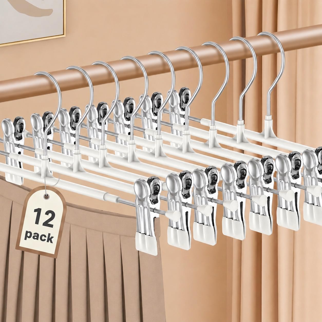 OAMCEG 12 Pack Trouser Hangers - Adjustable Non-Slip Clips, Stainless Steel Metal Skirt & Trousers Hangers, Space Saving Clothes Wardrobe Organiser for Pants, Jeans, Kids, Baby (White)