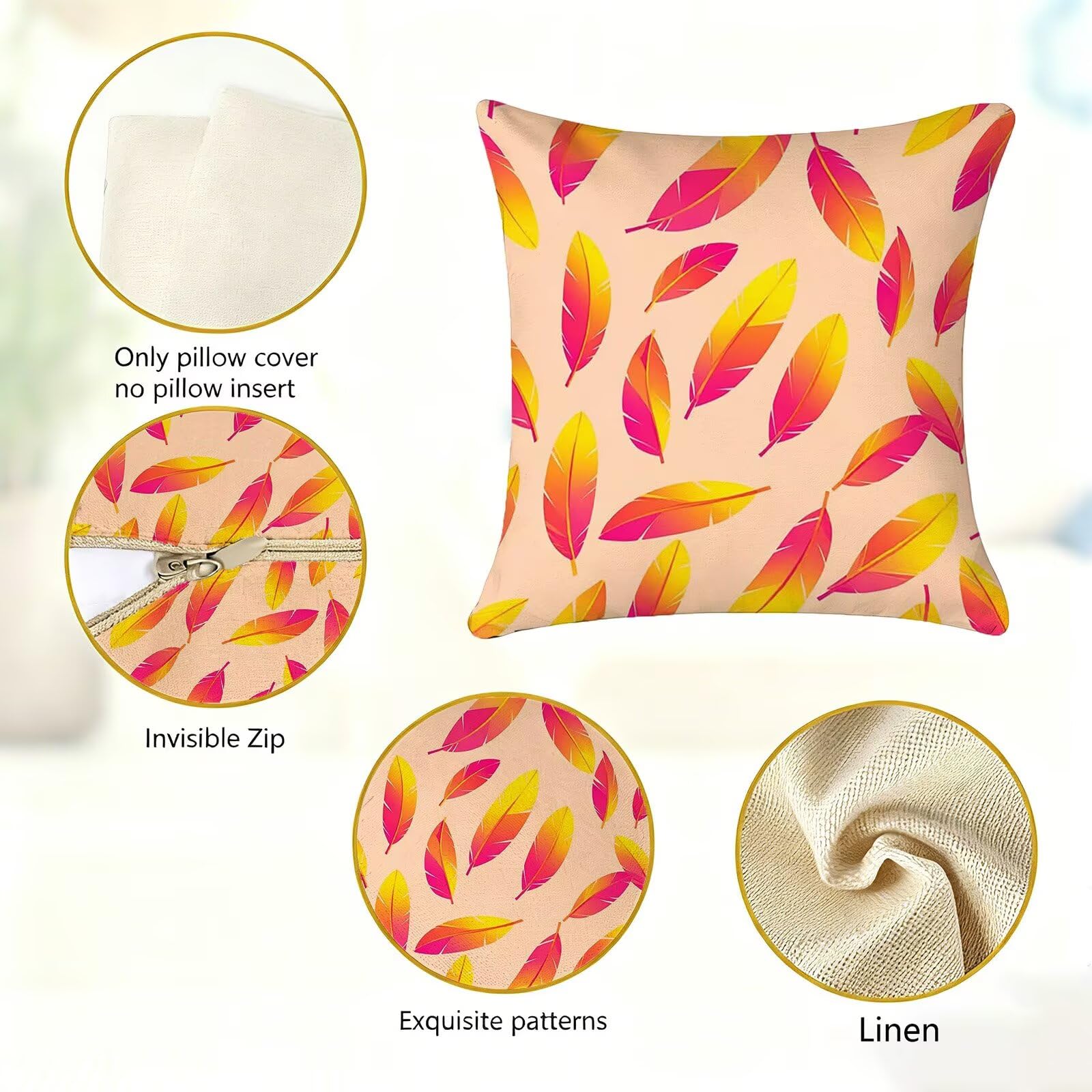 Giallo Federe Cuscini Divano 65x65cm, Cuscini da Esterno Set de 4, Cod-139 | Lin Copricuscini Decorativi Letto Arredo, per Letto, Soggiorno, Giardino, Esterno, Casa Decorazione Set di 4 Piuma
