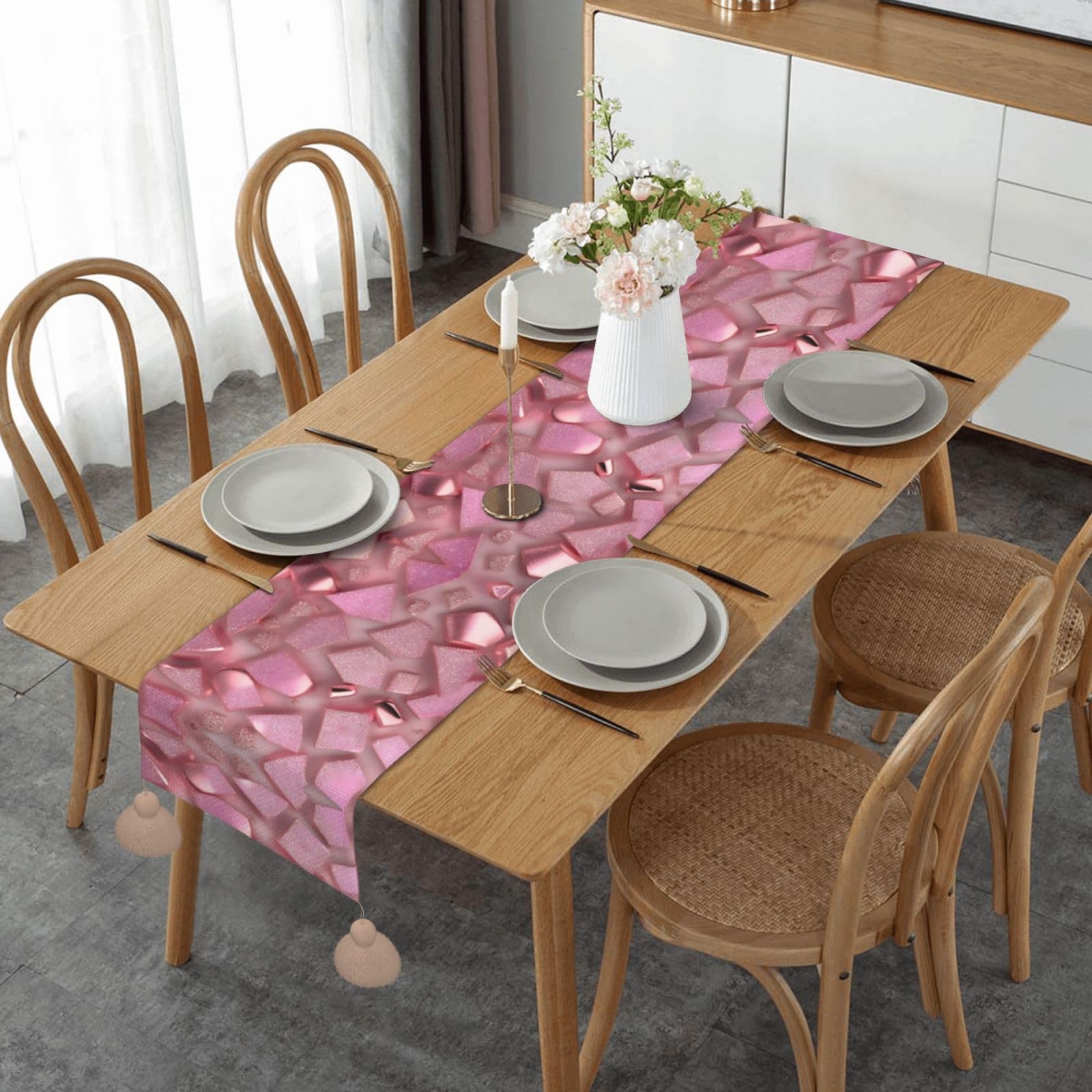 Chemin de table mariage or rose pour repas de ferme et décoration de table basse chic