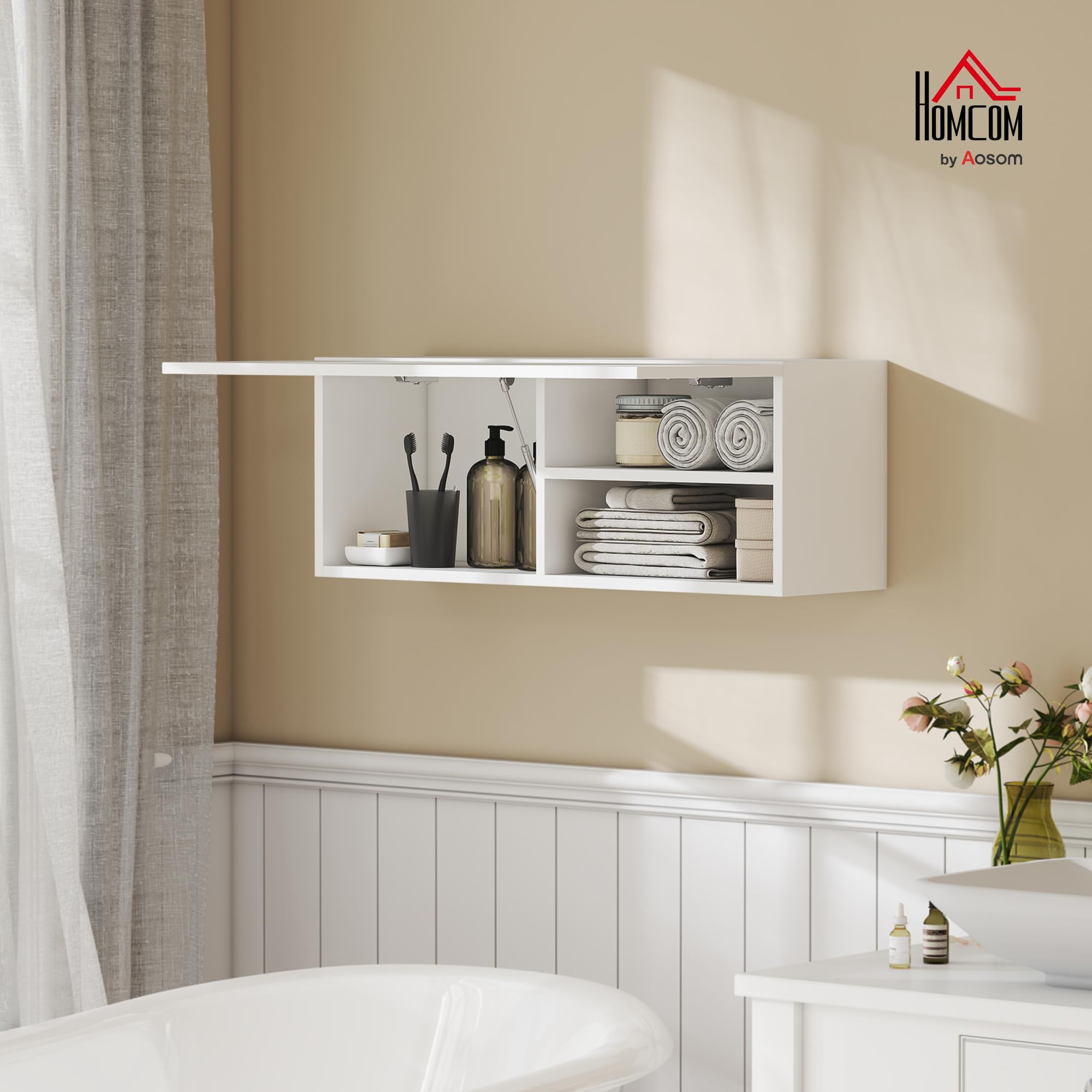 HOMCOM Armoire Murale de Salle de Bain, Meuble de Rangement Suspendu pour Salle de Bains avec Porte battante à charnières et Trois Compartiments, Meuble WC Suspendu, 80 x 25 x 30 cm, Blanc