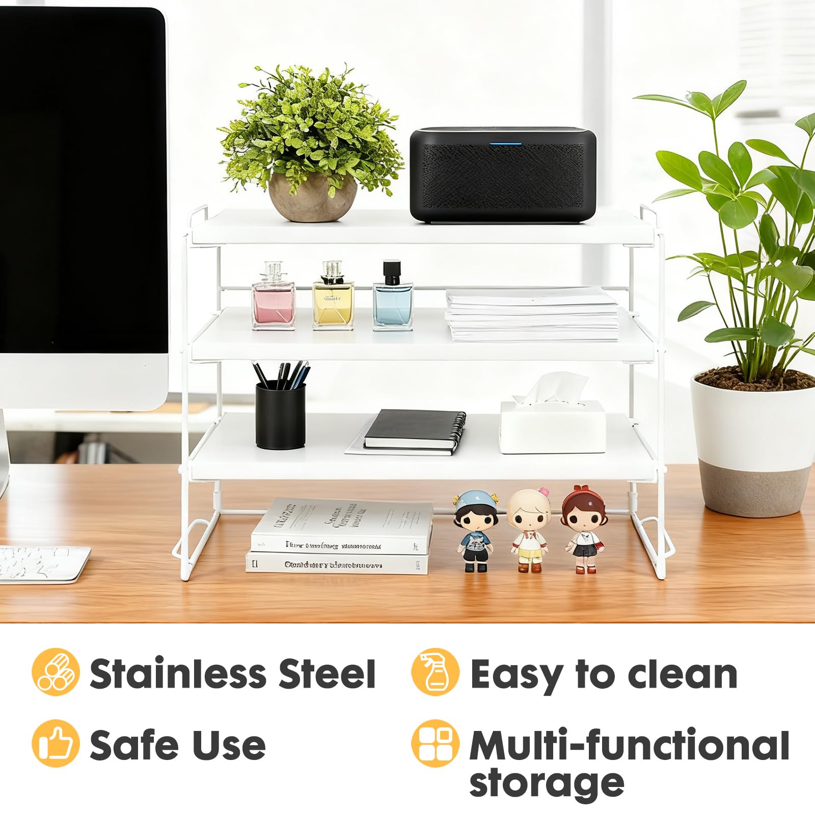 powerking Desk Shelf Organiser, Desktop Display Shelf for Figures, Adjustable Bookshelf Storage Rack and Office Cubicle Decor for Tabletop, Office, Dorm (White, 3 Tier)