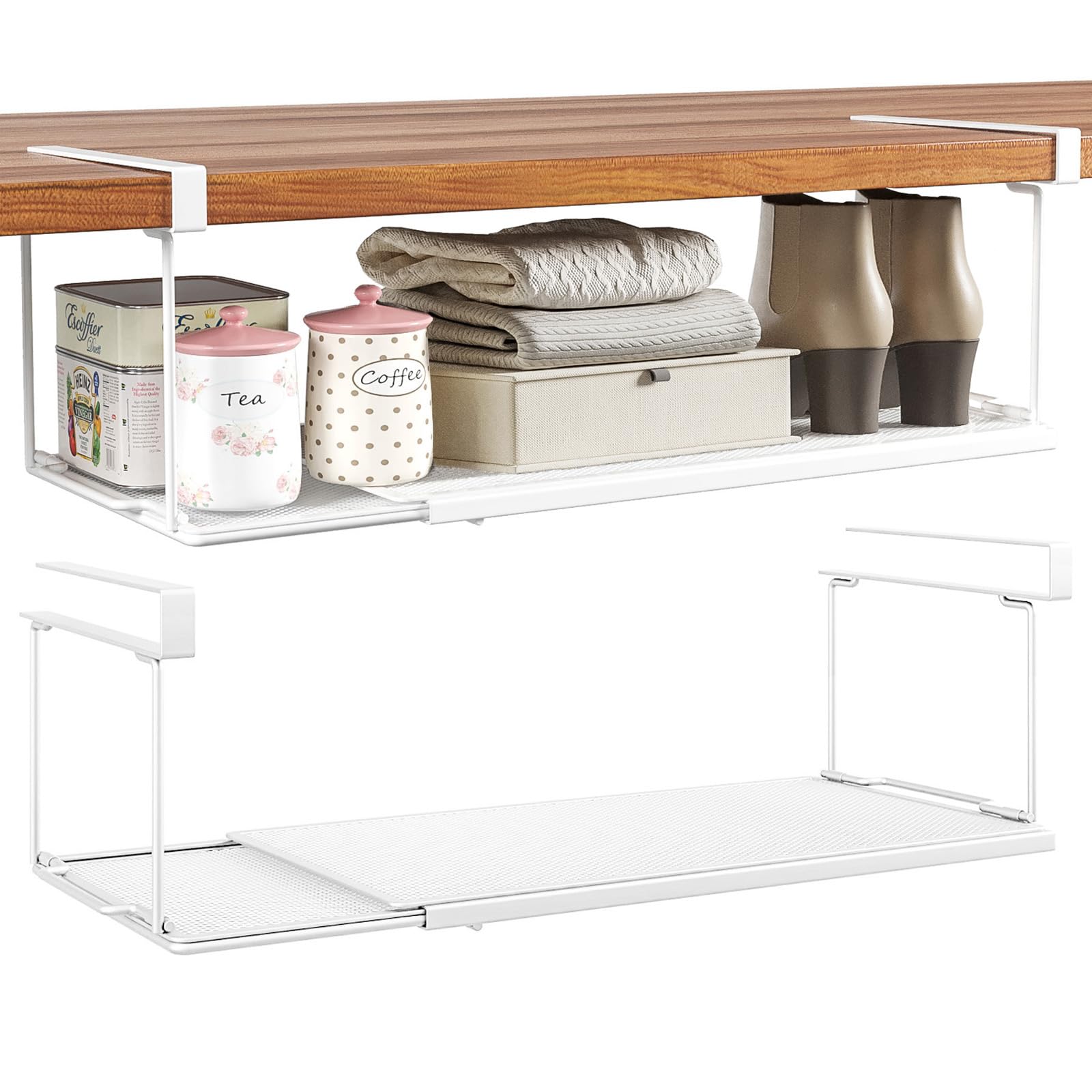 SHINEWON Expandable Under Cabinet Shelf, Extendable Under Shelf Storage with 1.25 Inches Thick Clips for Shoe Rack, Pantry Cabinet, Laundry Room. (White, 2 Pack, Interior: 6" H x 8.26" D)