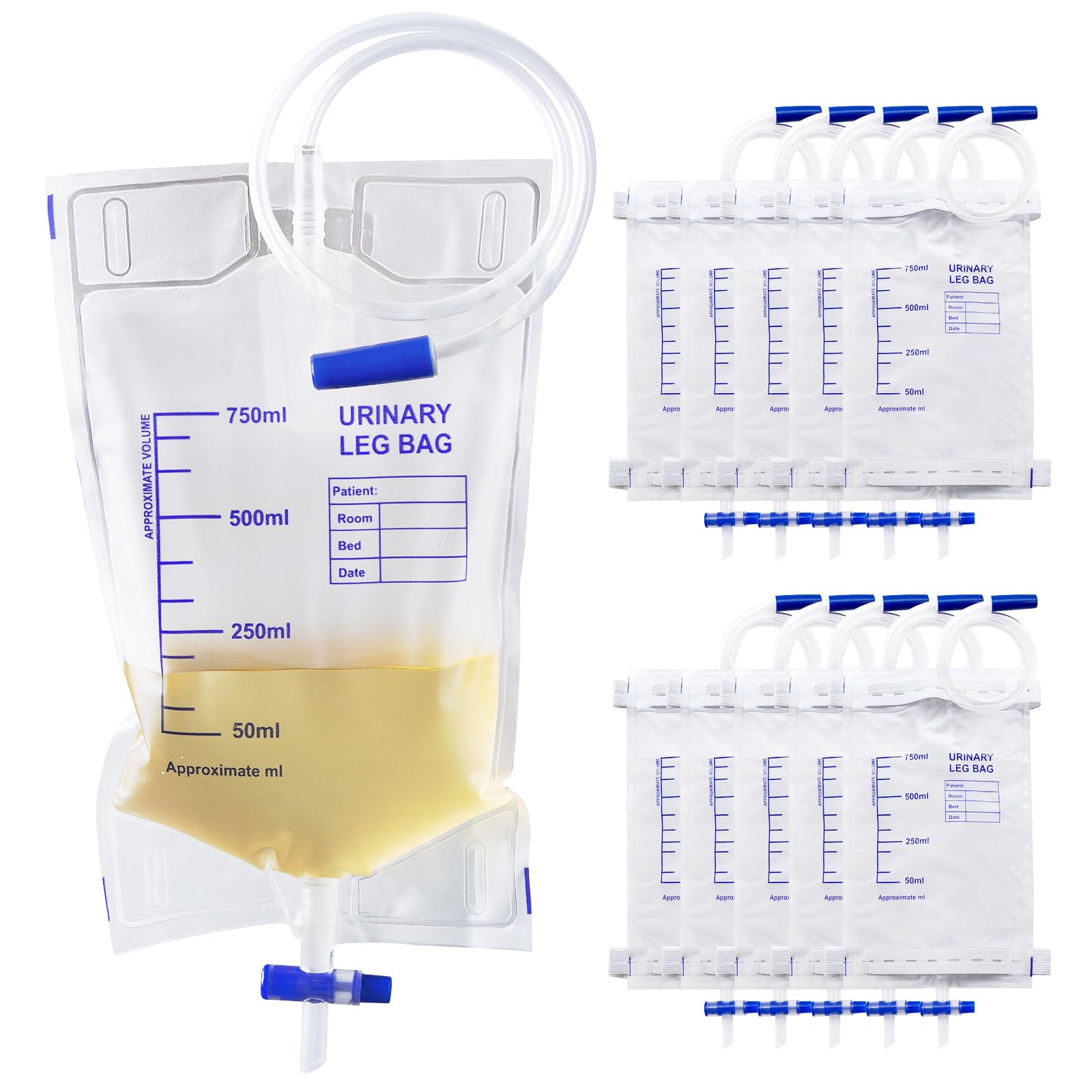 10 Stück 750ml Urinbeutel katheterbeutel, Urinbeutel Beinbeutel, Katheter Beinbeutel, Urindrainagebeutel mit 2 Stoffgurten, Ventil und T-Ablass