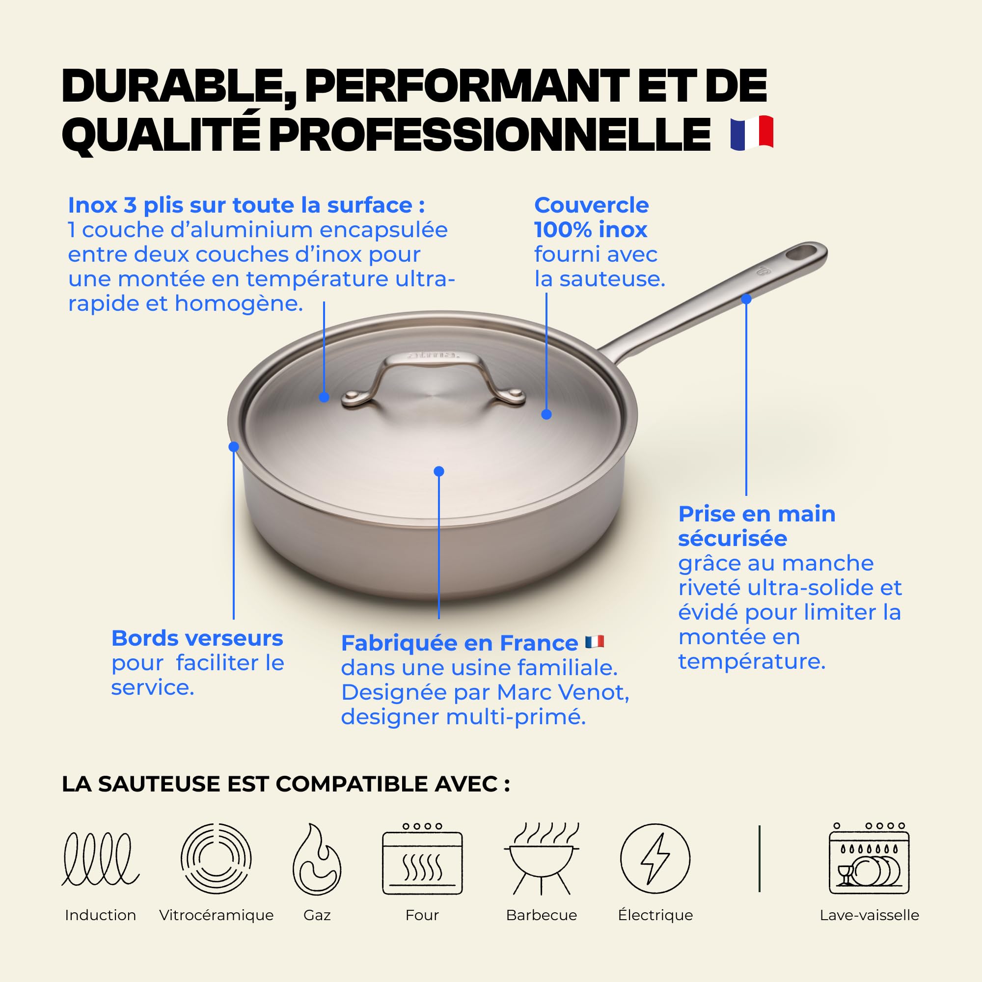 Atma - Sauteuse Inox 24 cm avec Couvercle - Inox 3 Plis - Compatible Tous Feux Dont Induction & Four - Pour Mijoter, Sauter et Frire - Non Toxique, Sans PFAS - Fabriquée en France, Garantie à Vie