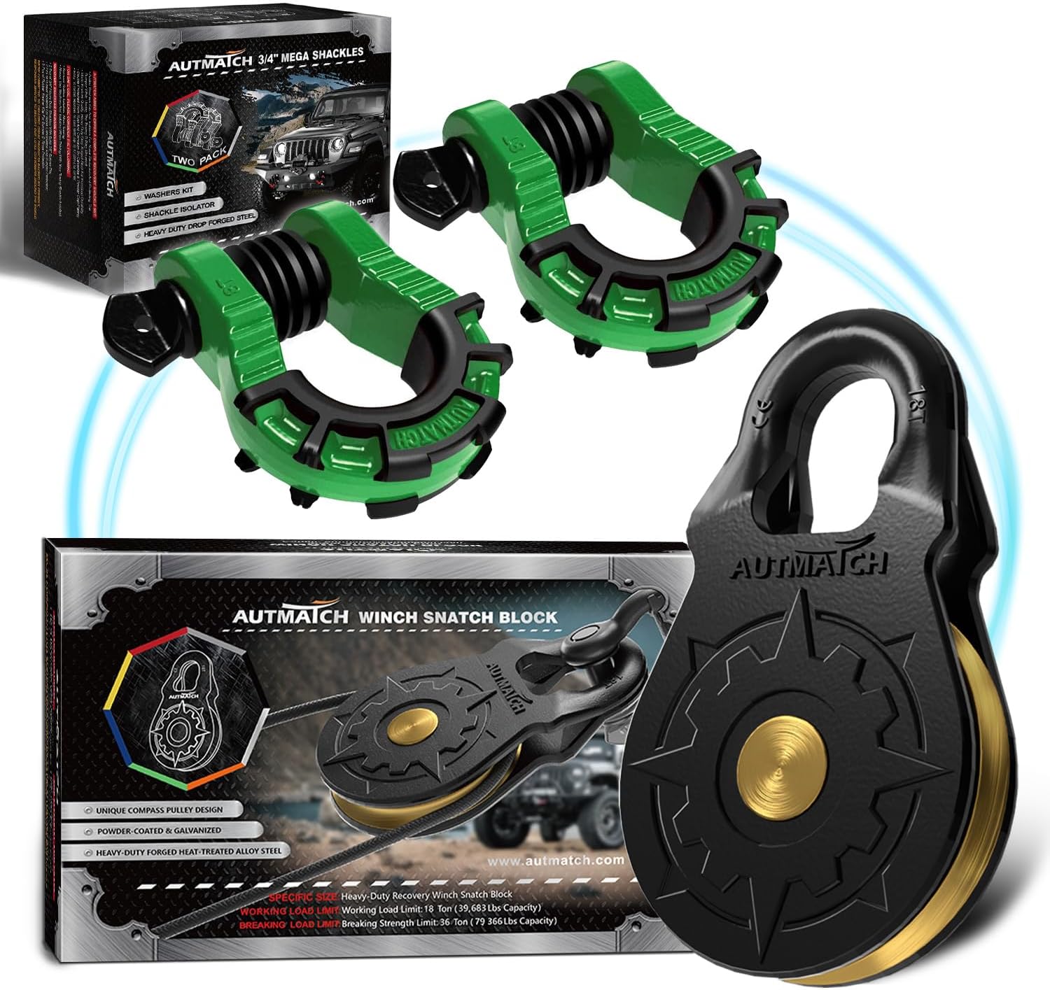 AUTMATCH Mega Shackles 3/4" with Winch Snatch Block Pulley 18 Ton, Max 79,366Lbs Break Strength, Heavy Duty Off Road Recovery Towing Pulley Blocks Winch Rope, ATV, UTV, Truck, Dark Green