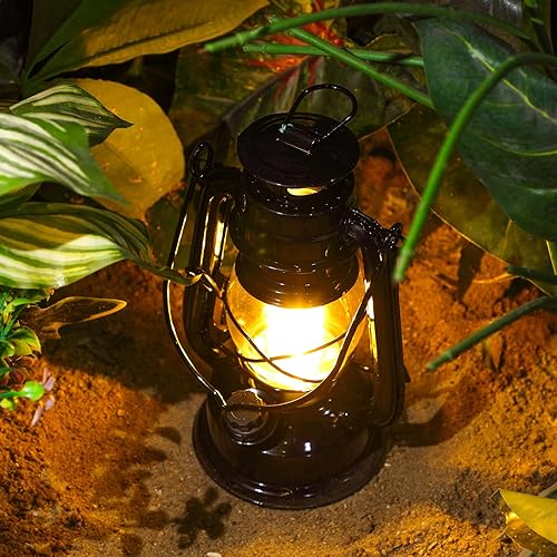 Miniatura 5 de Hortsun 16 linternas LED vintage negras para campamento, LED cálidos e interruptor de atenuación, funciona con pilas, farol colgante de metal para