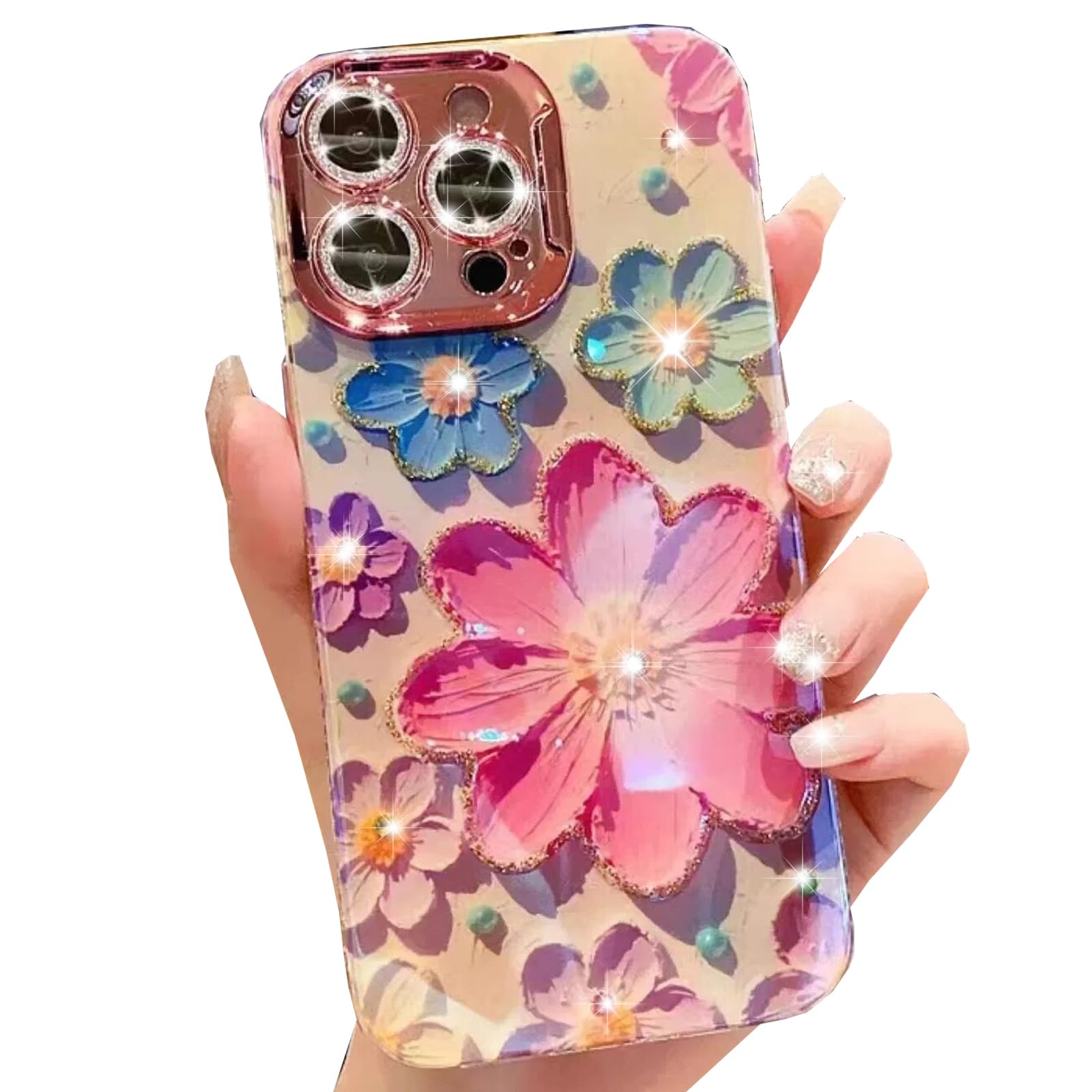 Changjia Floral Case for iPhone 16 Pro,Cute Colorful Retro Oil Painting Printed Flower with Glitter Bling Sparkly Camera Protector Soft TPU Protective