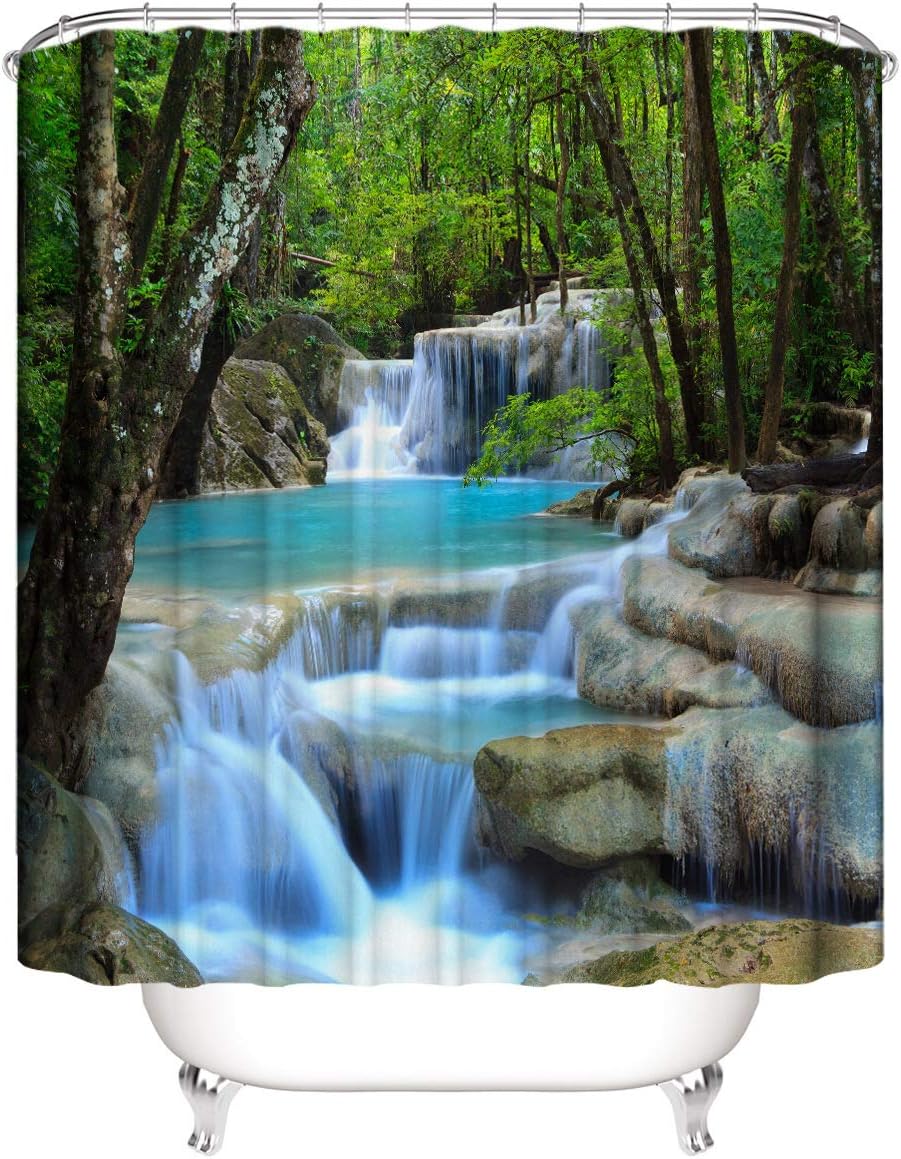 Nadine Davis Customize 3D Printed Landscape Waterfall Series Waterproof Shower Curtain Bathroom Three-piece Mat