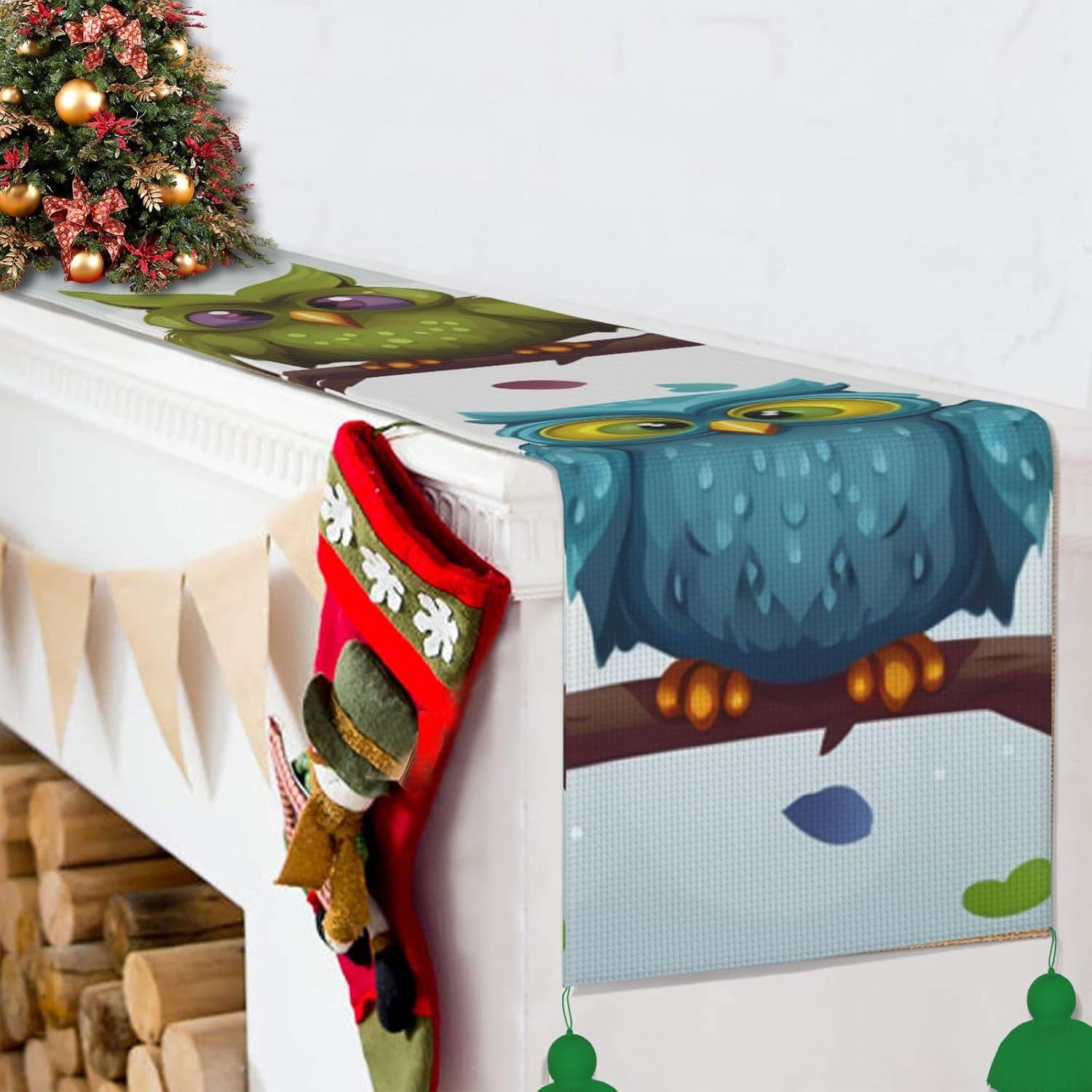 Table Runners with Fringes Owls Birds Farmhouse Table Runner Rustic Fall Table Runners for Holiday Party Christmas Decor 60 in