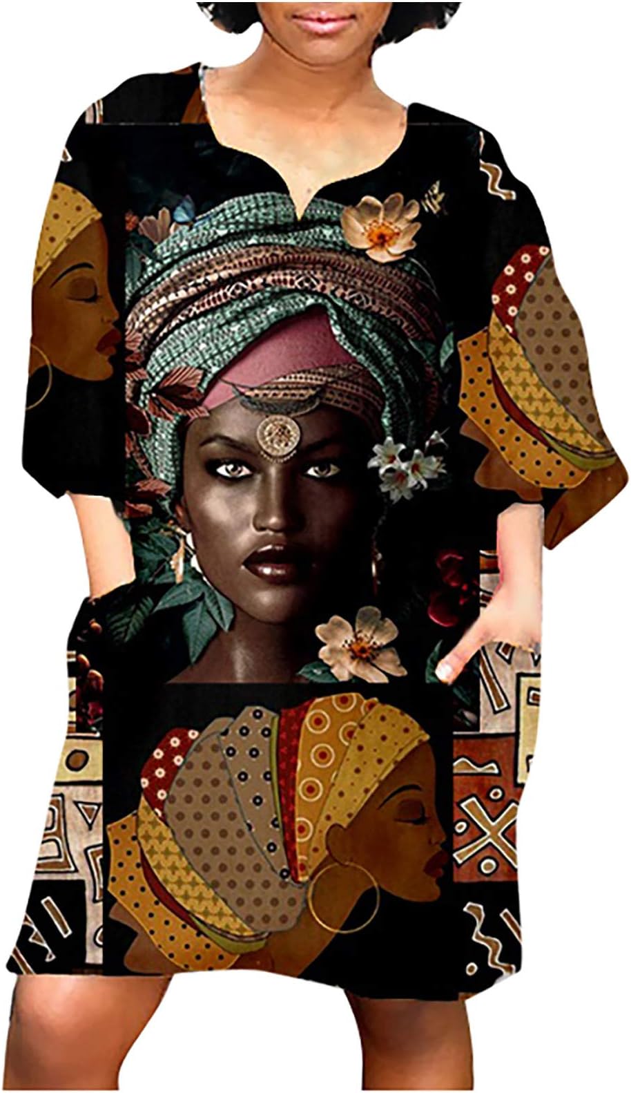 GenericWomen's Tunic Dresses Plus Size Summer Oversize African Black Blouse Dress Knee-Length Vintage Dress Summer Casual T-Shirt Mini Dress