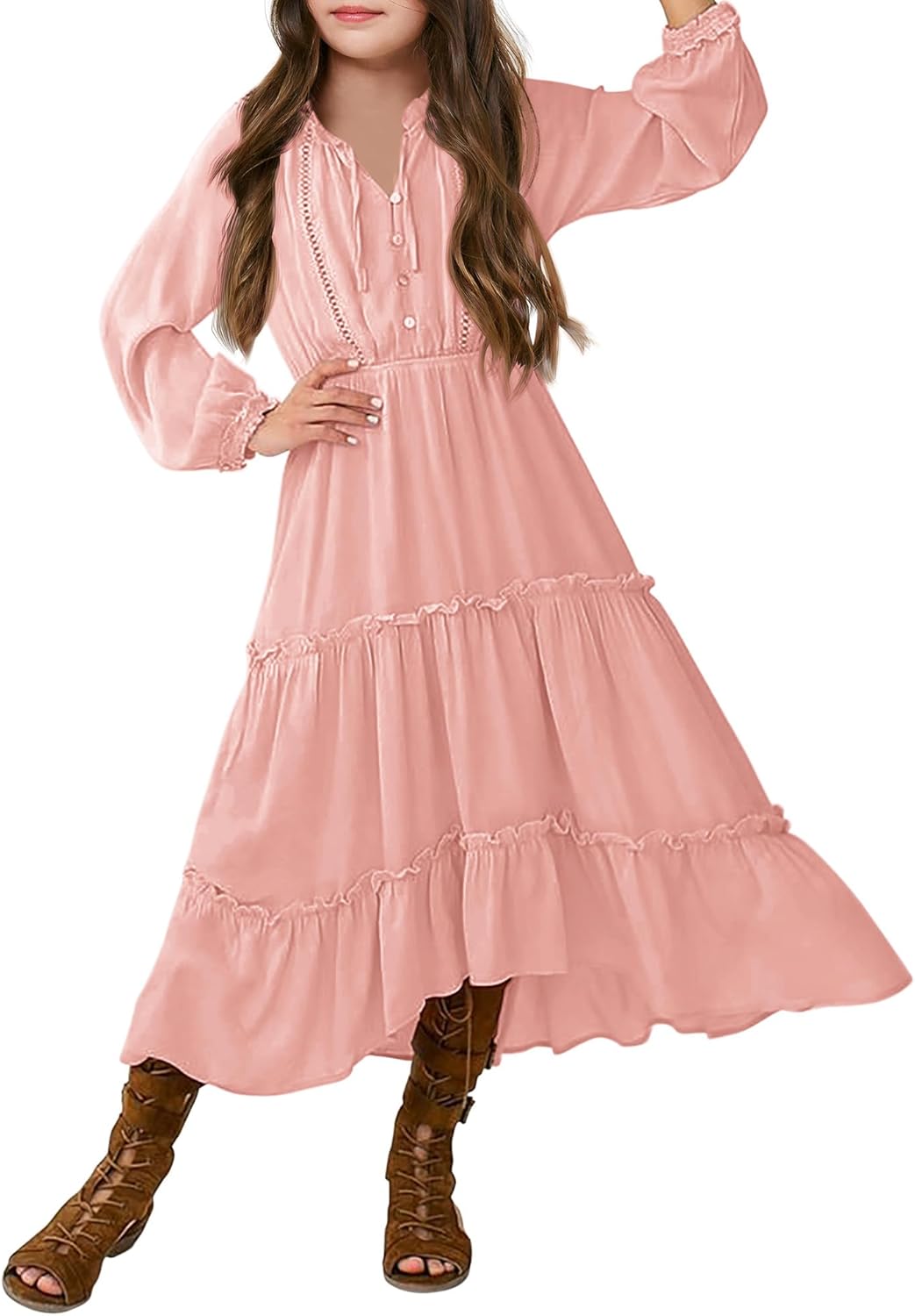 Batermoon Girls Ruffle Tierd Maxi Dresses Kids Fashion V-Neck Long Raglan Sleeves Dress Clothes 5-14 Years