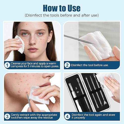 Miniatura 7 de Kit de herramientas para eliminar puntos negros, juego de 6 extractores de espinillas con agujas de acné, pinzas, raspador de poros para manchas,