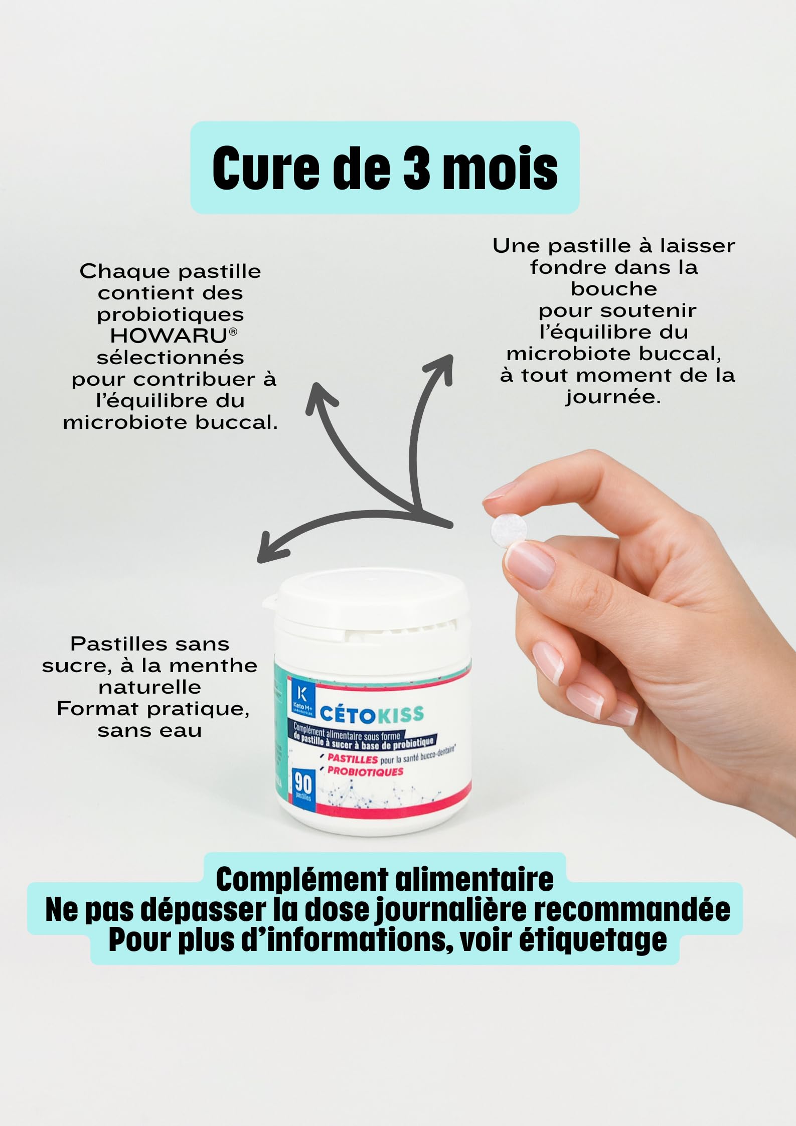 CETOKISS® Probiotique Bucco-Dentaire Menthe | 1 Milliard UFC HOWARU® | Haleine Fraîche & Gencives Saines | Sans Sucre | 90 Pastilles - Cure 3 Mois | Équilibre de la Flore et du Microbiote Buccal