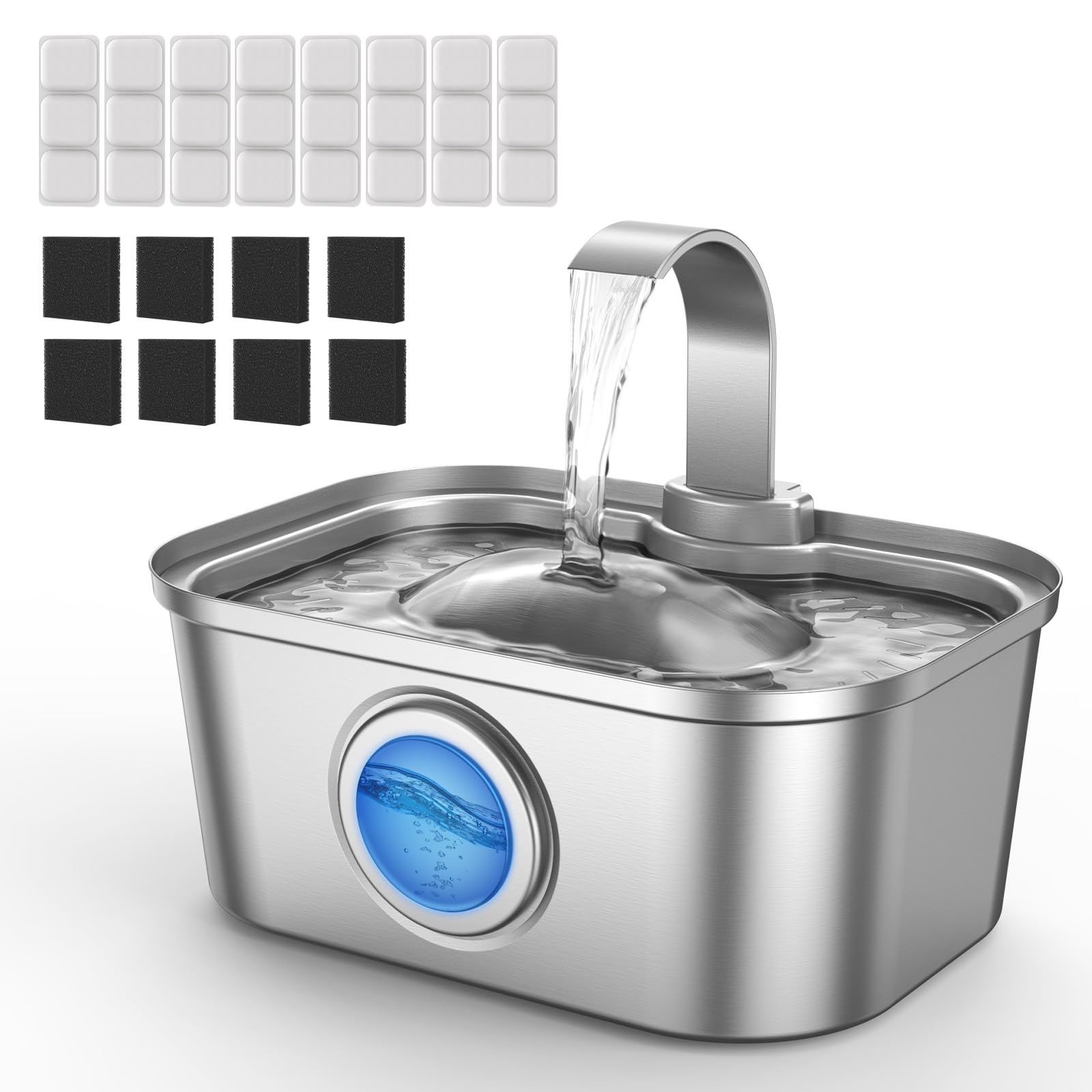 Bobo&Dragon Fontana d'acqua per gatti in acciaio inox, 3,5 l, erogatore automatico ultra silenzioso per più cani e gatti, filtraggio a 6 strati, finestra intelligente, 8+8 filtri di ricambio integrati
