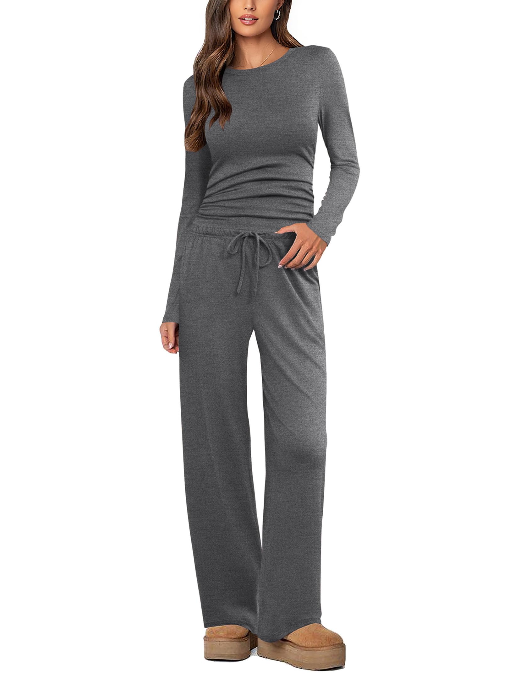 Ekouaer Schlafanzug Damen Lang Pyjama Set Zweiteiliger Hausanzug Winter Loungewear mit Tasche Tailliert S-XXL