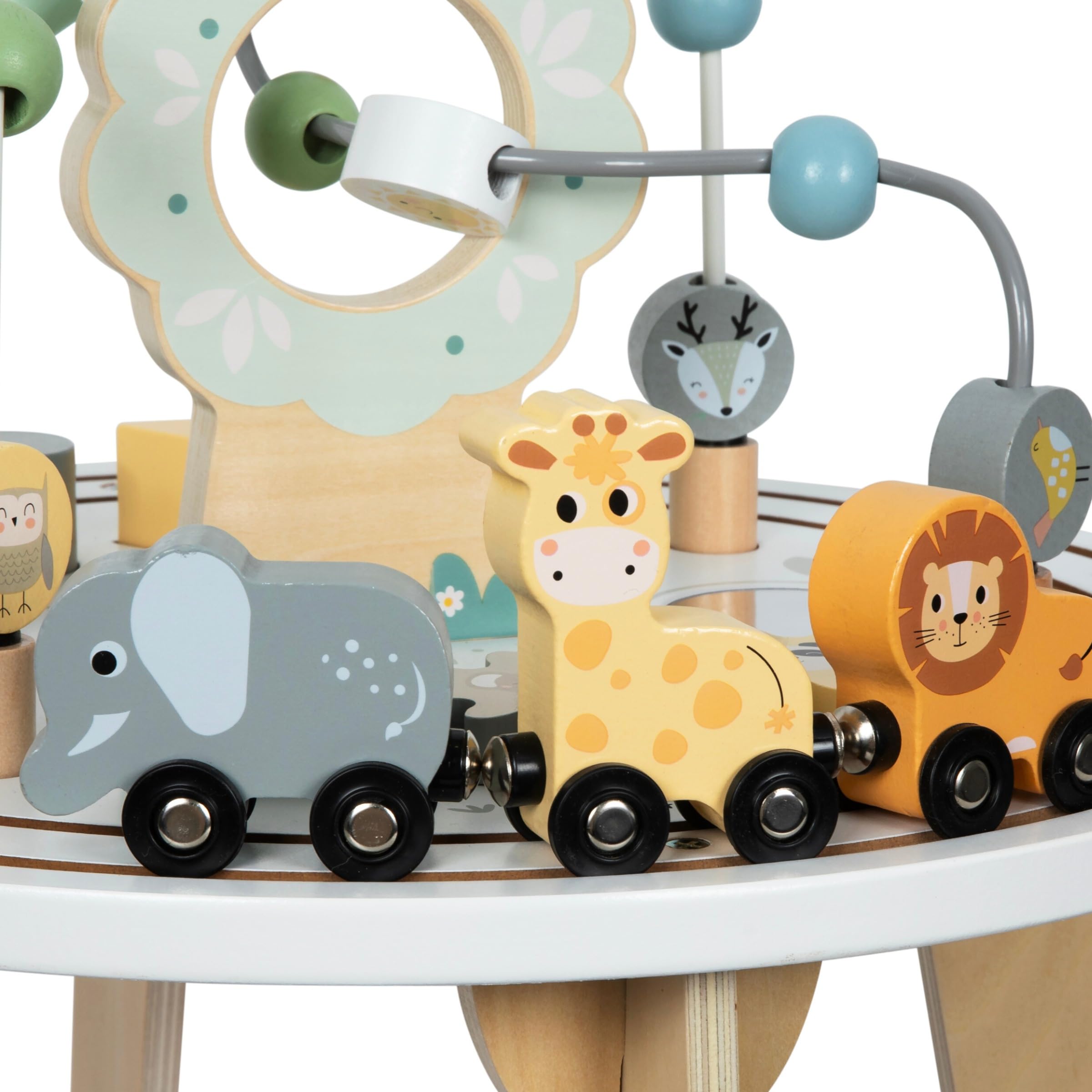 mamabrum Tavolino Educativo in Legno per Bambini con Coda Magnetica, Lanciatore di Perline, Selezionatore di Forme, Animali e Specchio