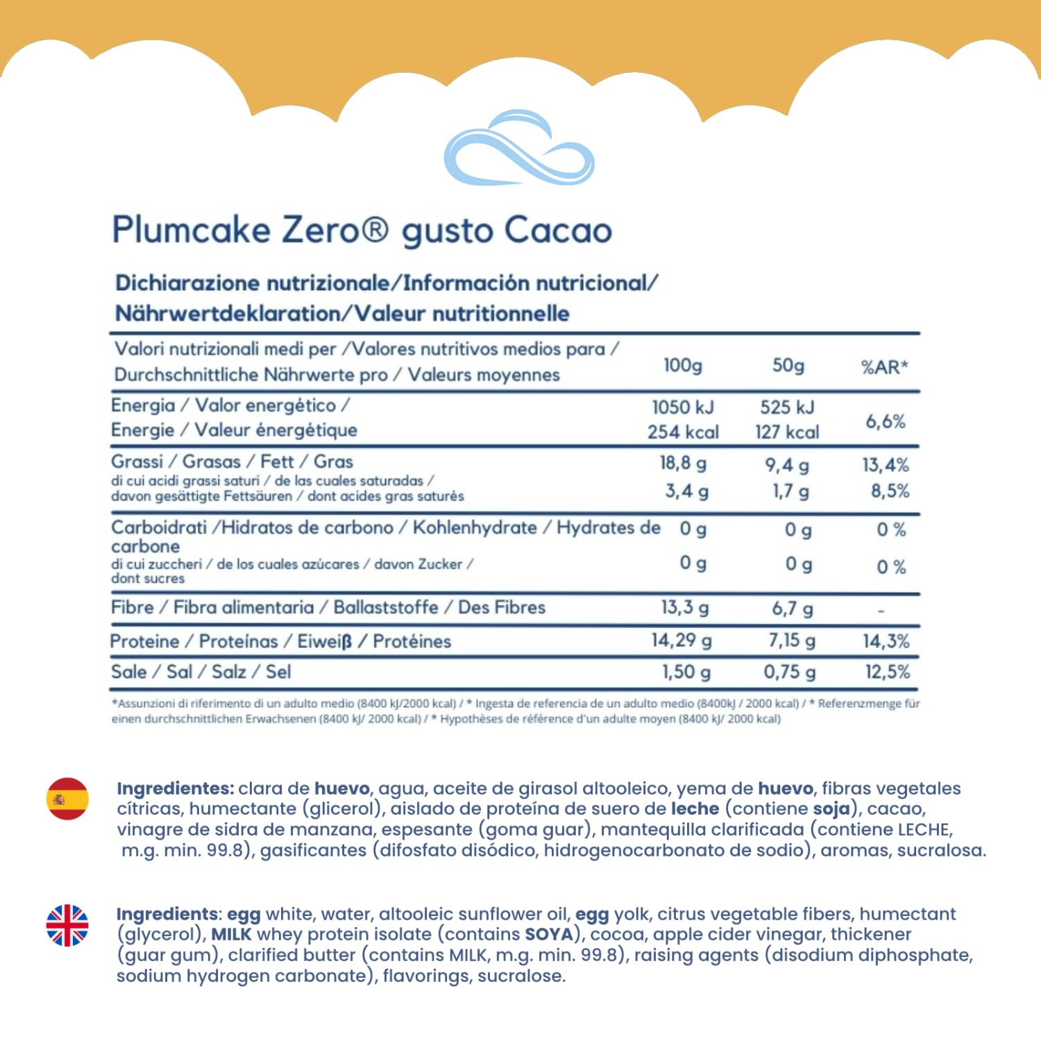 Nuvola Zero - Plumcake Zero Sabor Cacao Sin Carbohidratos, Snacks Sin Lactosa, Sin Azúcar, Sin Gluten, Rico en Fibra, Pack de 12 uds, Made in Italy
