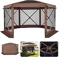 VEVOR 12x12 Pop Up Gazebo Screen Tent: 6-Sided Camping Canopy for 8-10 People, Quick-Setup, UV50+ Bug-Proof Shelter, Brown