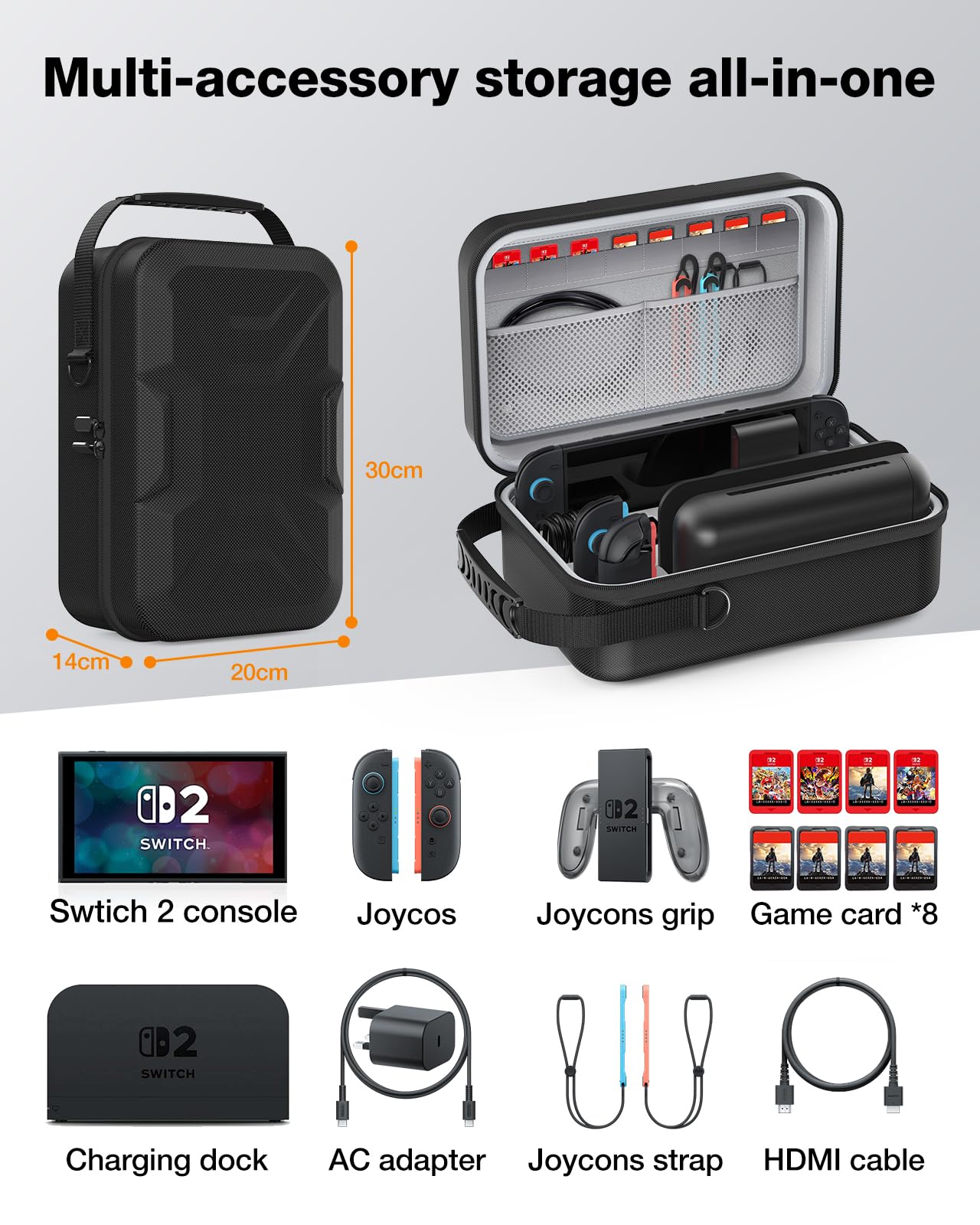 HEIYING Switch 2 Tragetasche für Switch 2 mit Extra Fächern für Zubehör | Harte Reisetasche, Umfassender Schutz, Fächer für Sämtliches Zubehör, Ideal für Reisen und Ausflüge