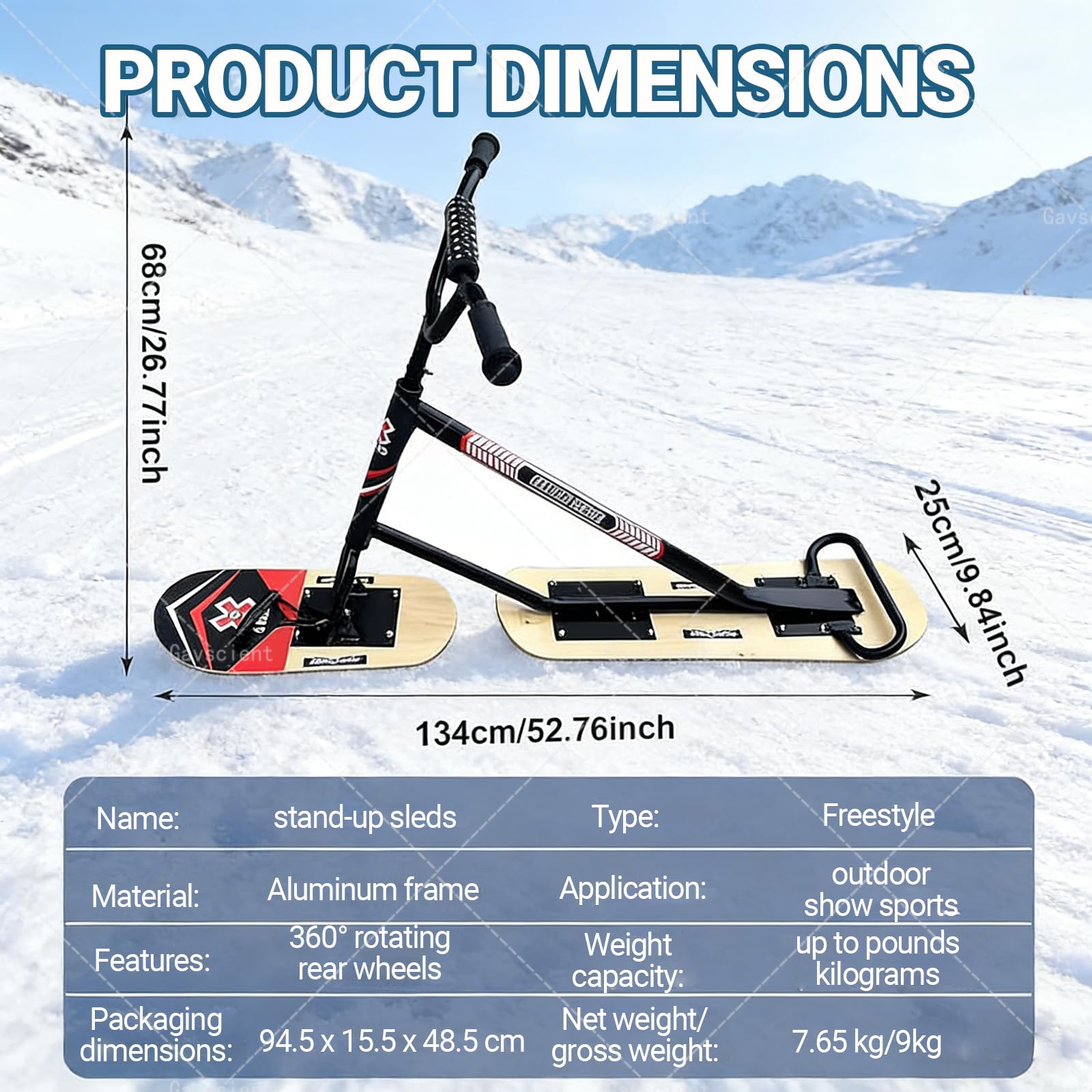 Trottinette de ski tout-terrain pour adulte avec poignée de direction à 360° et design double planche, charge maximale 150 kg, idéal pour la neige tout-terrain et le plaisir des stations de ski