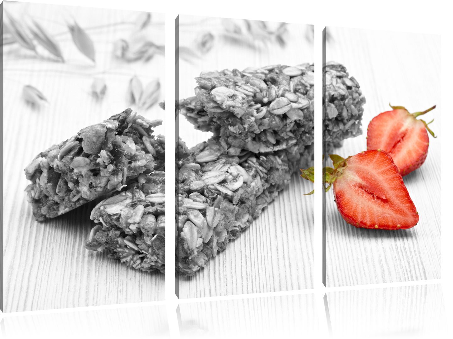 Pixxprint Bio Müsliriegel mit Erdbeere B&W, Leinwandbild 3 Teilig, Gesamtmaß: 120x80cm, Wandbild, Dekoration, fertig gespannt, Kein Poster