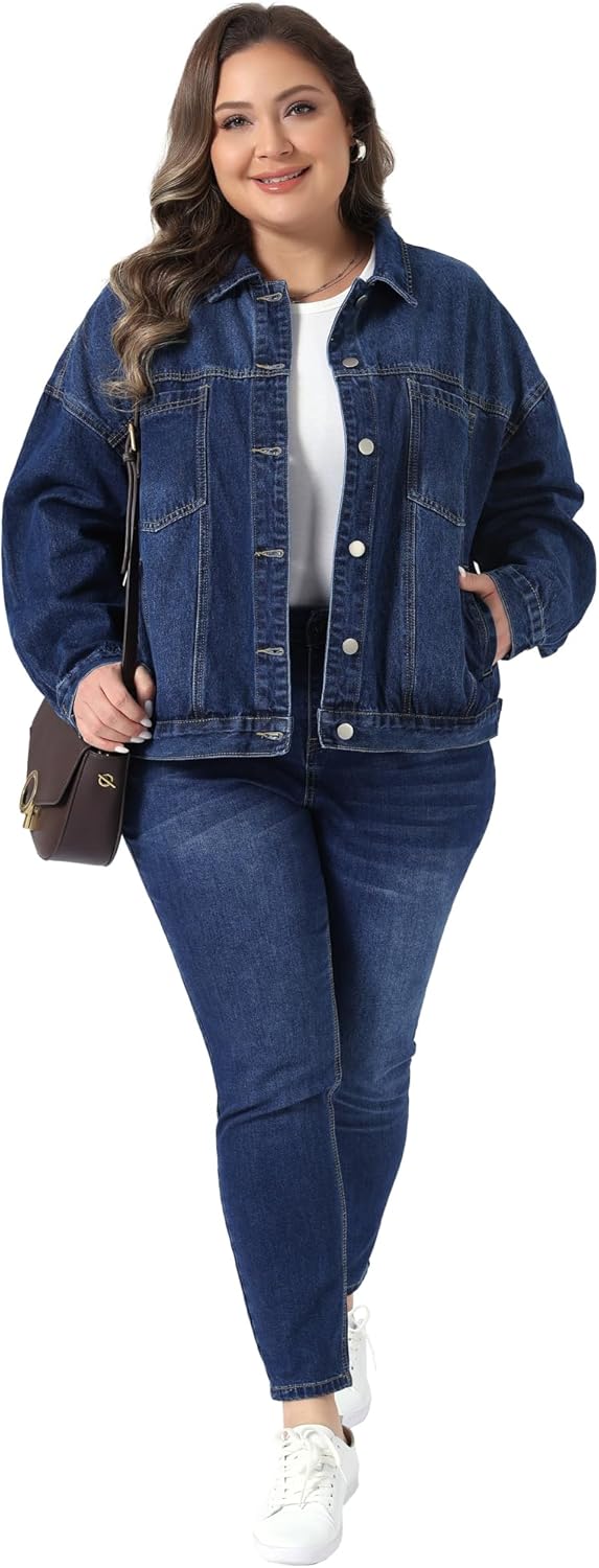Agnes Orinda Plus Size Denim Jacket for Women Long Sleeve Button Washed Vintage Western Outfit Jean Jackets - Image 3
