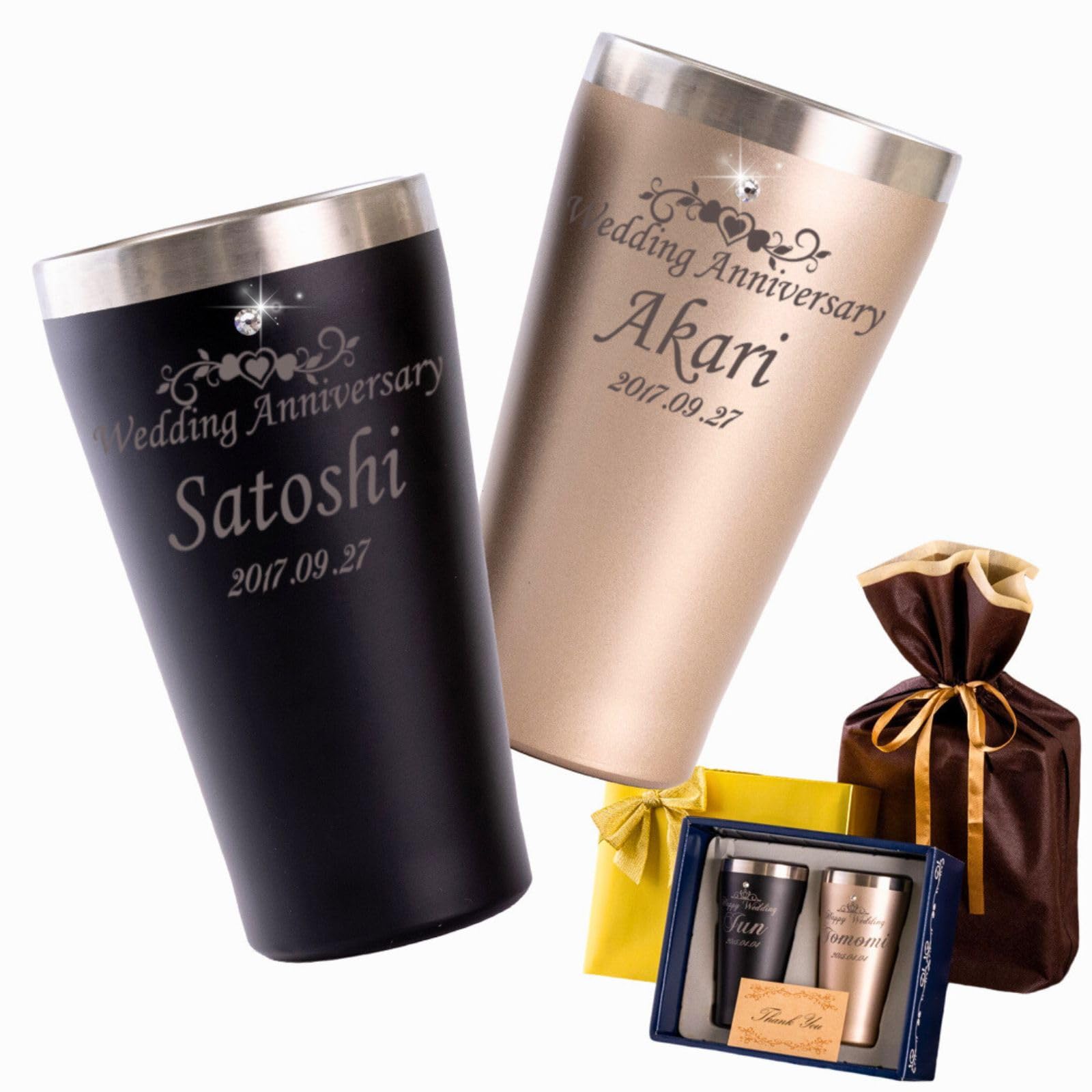 GiftArt STUDIO-J Brillante Wedding Celebration Personalized Pair Tumbler, 1,000 People Chosen Blessing Crystal Sparkling Tumbler, Heat Insulated, Vacuum Insulated, Stainless Steel, 11.5 fl oz (340 ml)