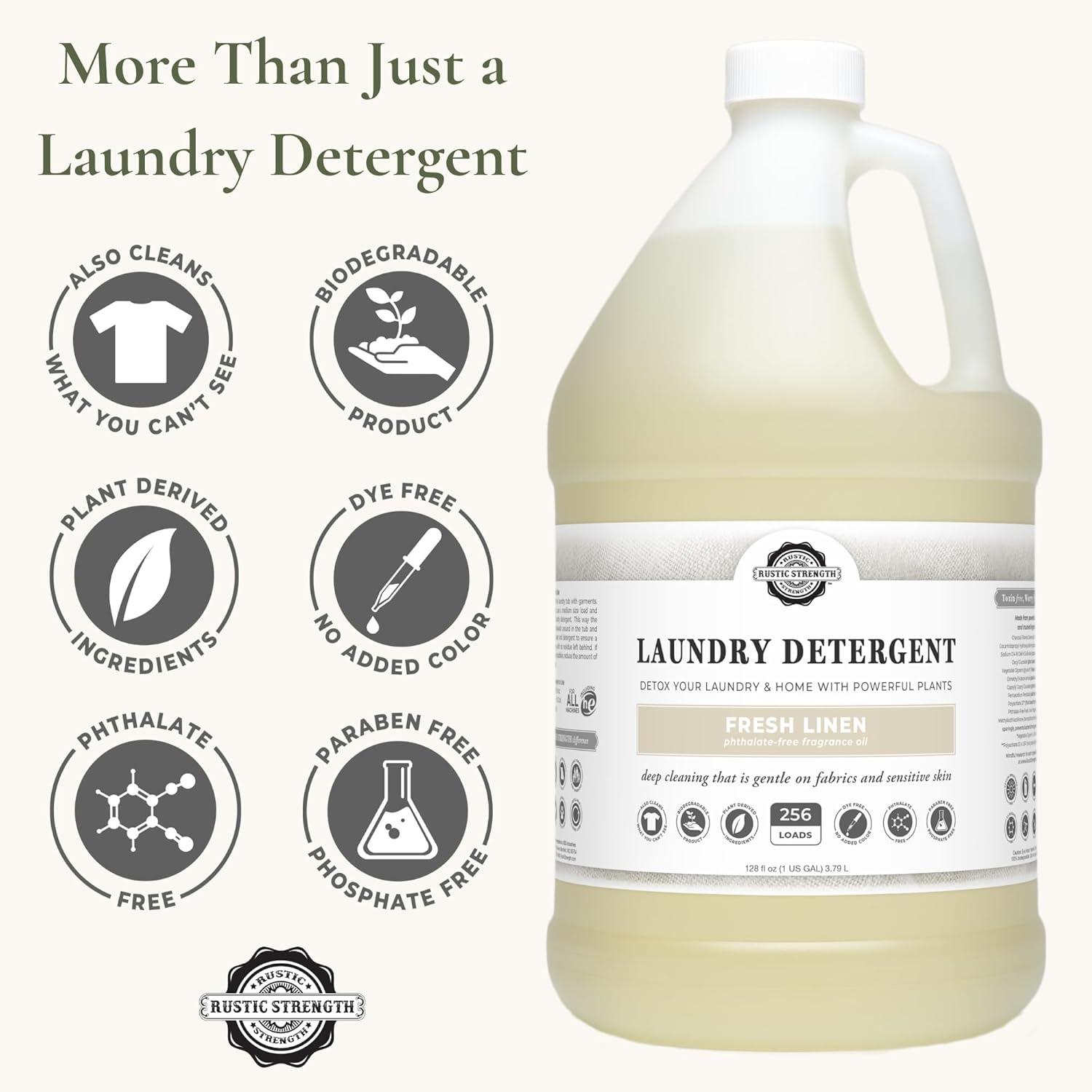 Rustic Strength Natural Laundry Detergent, Fresh Linen Scent, Liquid, Color Safe, Sensitive Skin, HE Compatible, 1 Gallon Plastic