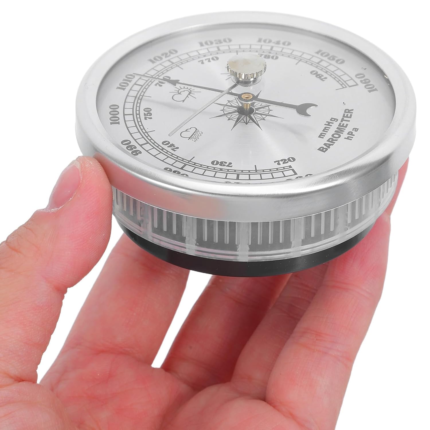 Silver Analog Weather Barometer with Tracking Function and Continuous Air Pressure Curve Recording, Aluminum-Magnesium Alloy and Acrylic Material, for Indoor Use and Education