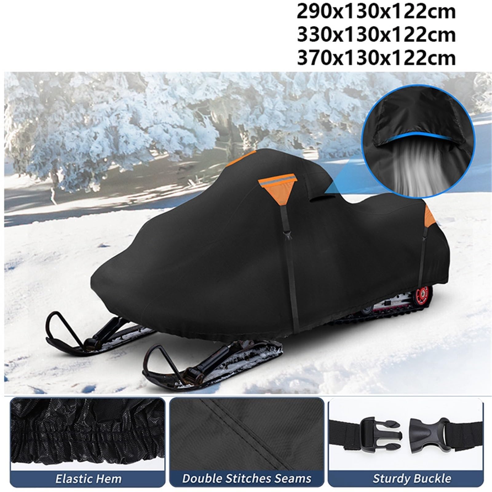 Fundas impermeables para motos de nieve, tela Oxford 420D, ajuste universal, 115 pulgadas (negro A, 370 x 130 x 122 cm)