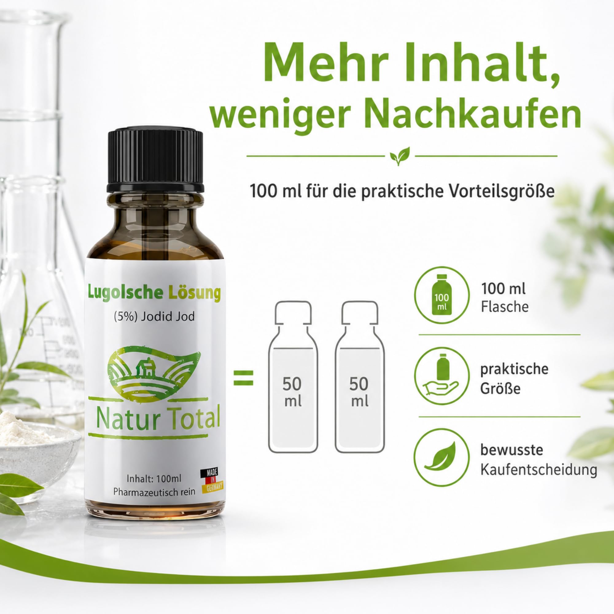 Natur Total Lugolsche Lösung 5% 100 ml Vorteilsgröße - Jod-Kaliumiodid-Lösung - pharmazeutisch rein - Braunglasflasche mit Schraubverschluss - Made in Germany