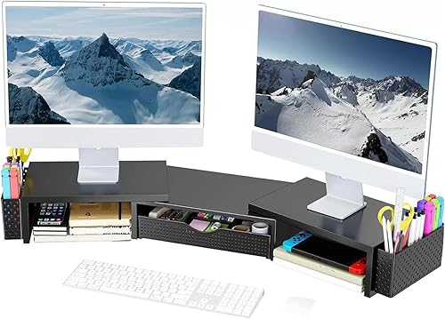 Spacrea Organizadores y accesorios de escritorio de metal, soporte elevador de monitor doble con cajón y 2 soportes para bolígrafos, accesorios de