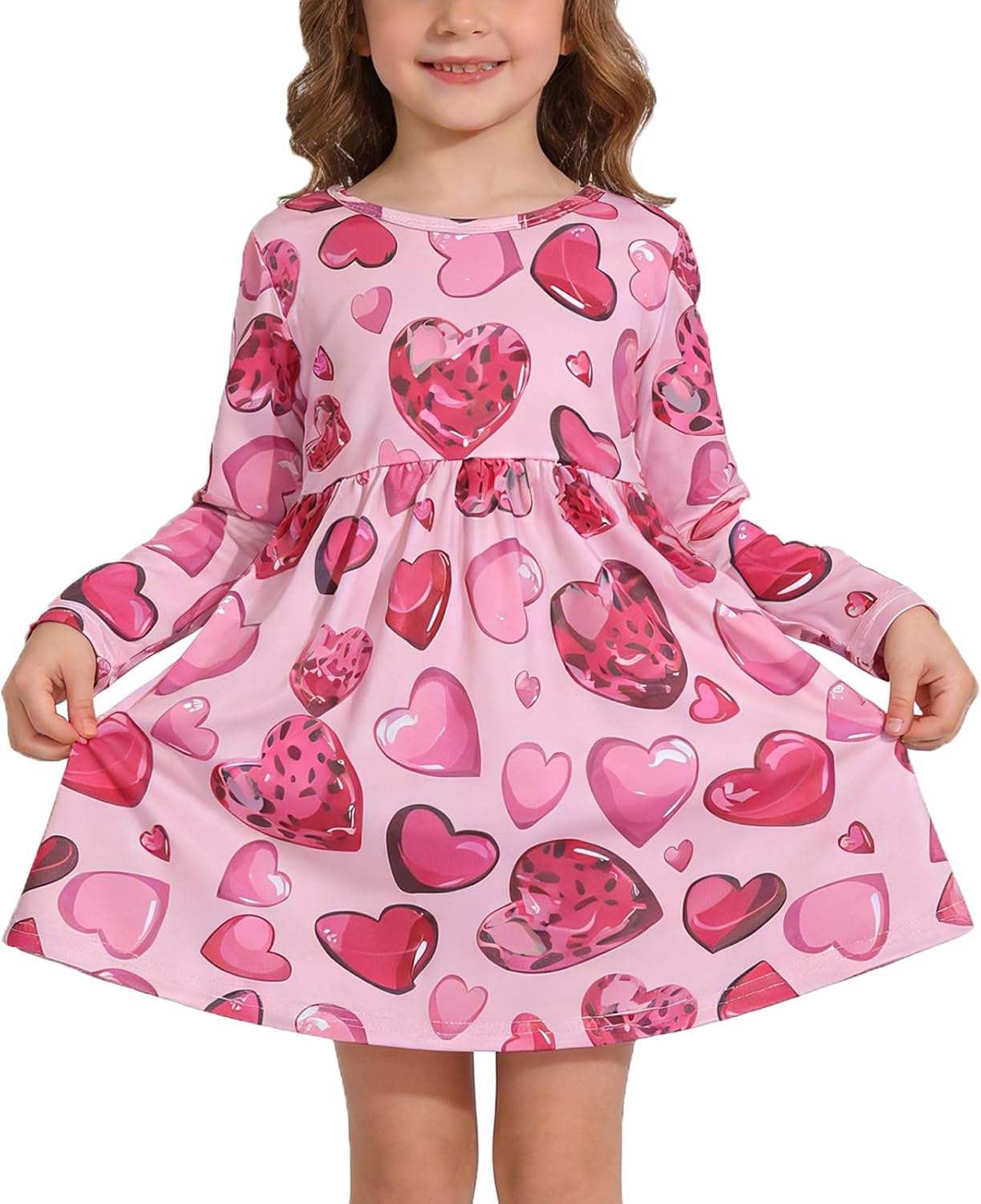 Valentines Toddler Girls Dress Love Hearts Pink Print Dresses Short Sleeve Clothes 3-8Y