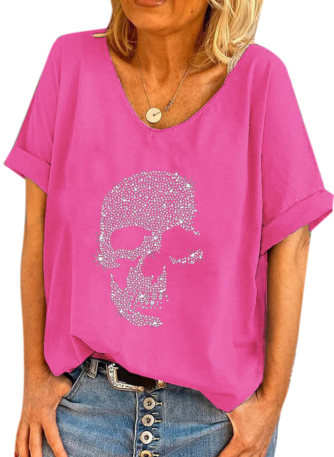 Oneforus Women's Rose Red Skull Diamante Rhinestones Design Baggy T Shirt Tops Punk Rock Fashion Sleeveless T-Shirts