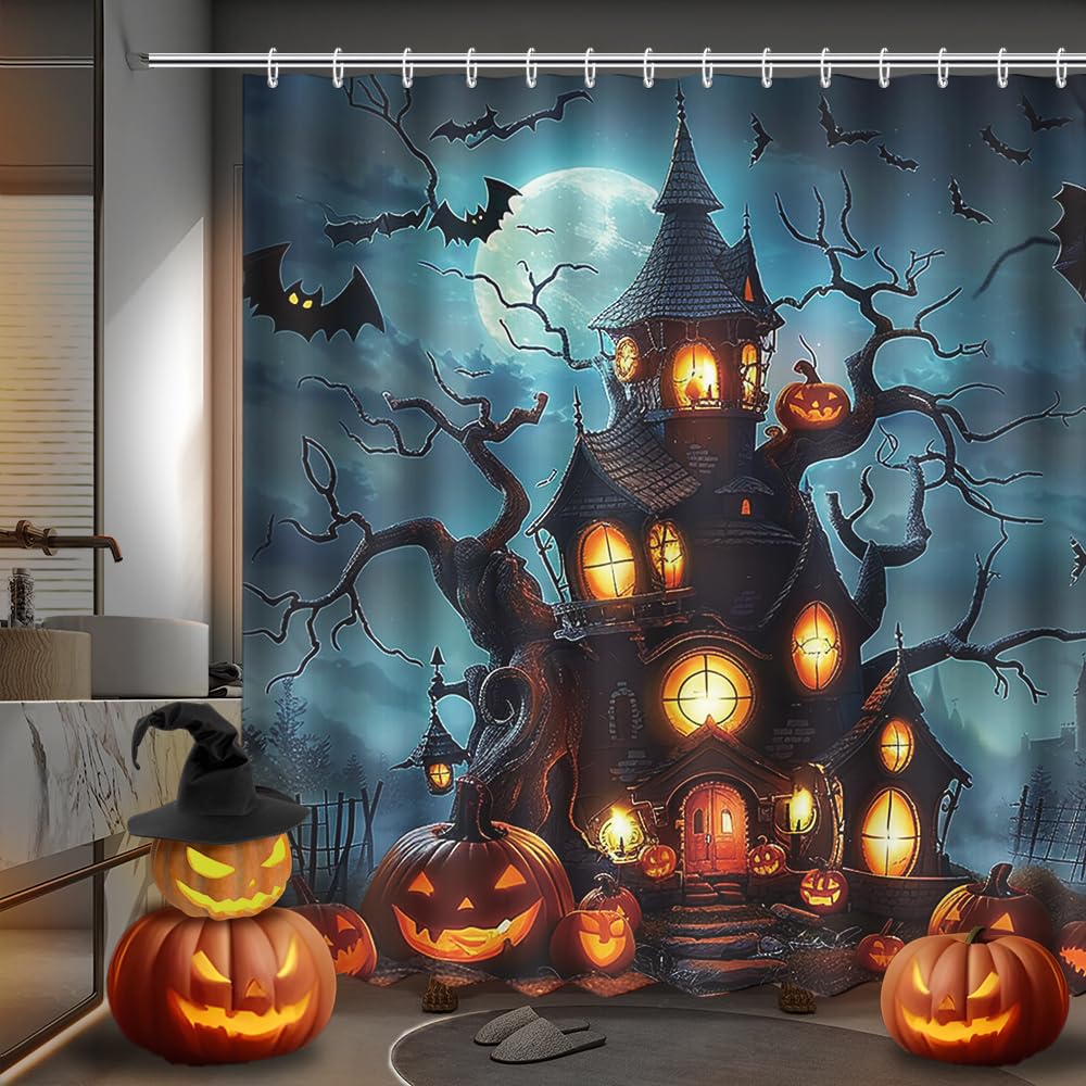 Rideau de douche Halloween imperméable contre les projections d'eau motif forêt effrayante