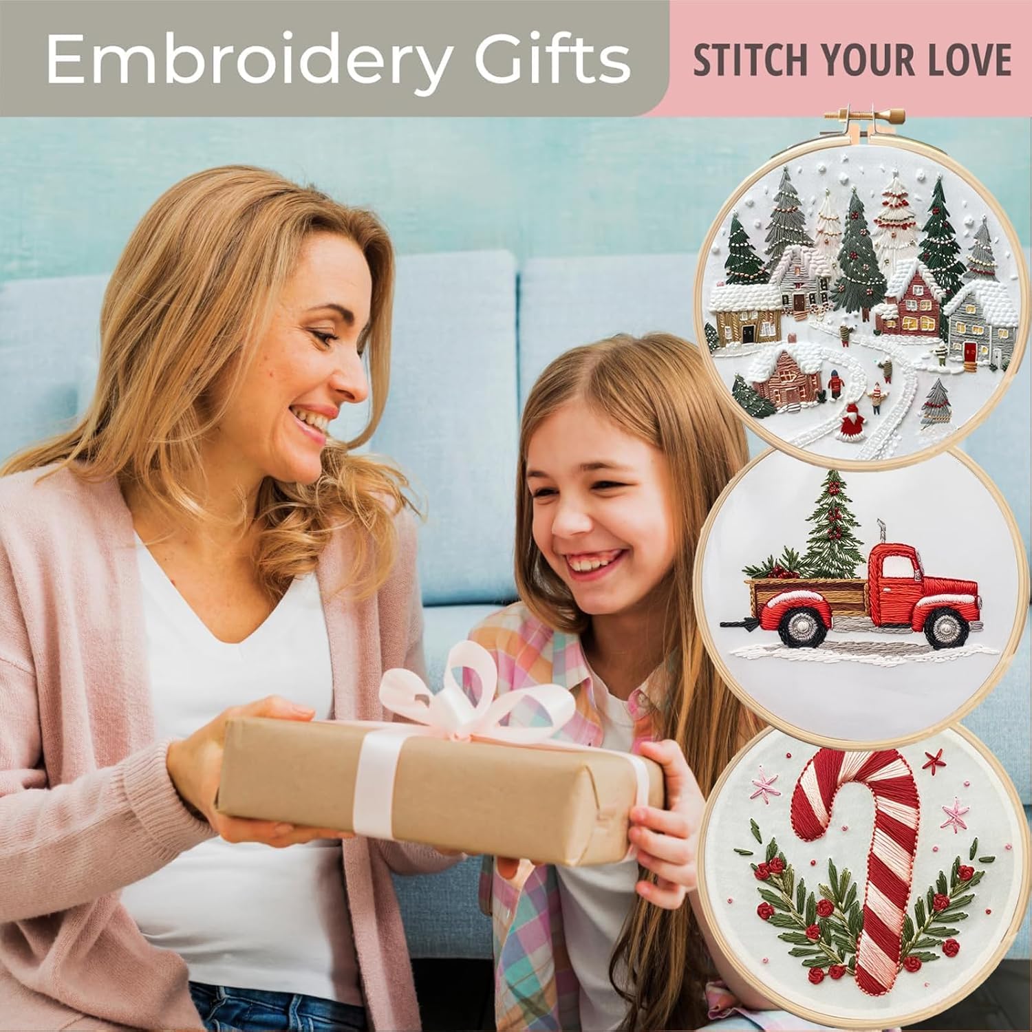 Topapfo Kit Ricamo Natalizio Per Principianti – Punto Croce Con Tela Stampata, Telaio 19,8 Cm E Fili – Idea Regalo Fai Da Te