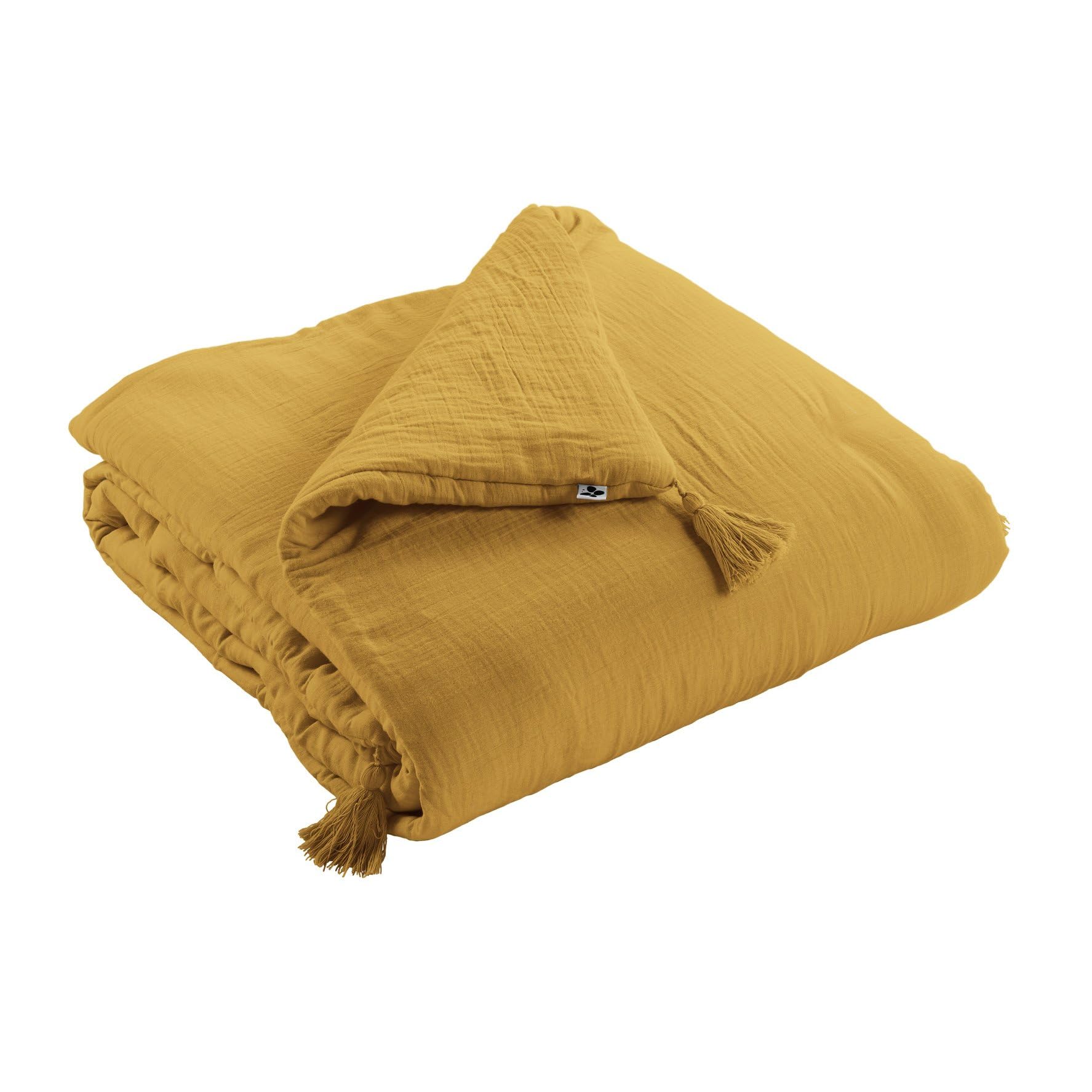 Edredon Dessus de lit L’Effet Papillon 90x200 cm – Copriletto 100% Gaze di Cotone con Finitura a Nappe [ Dessus de Lits et Couvre-Lits ] (Giallo Zafferano)