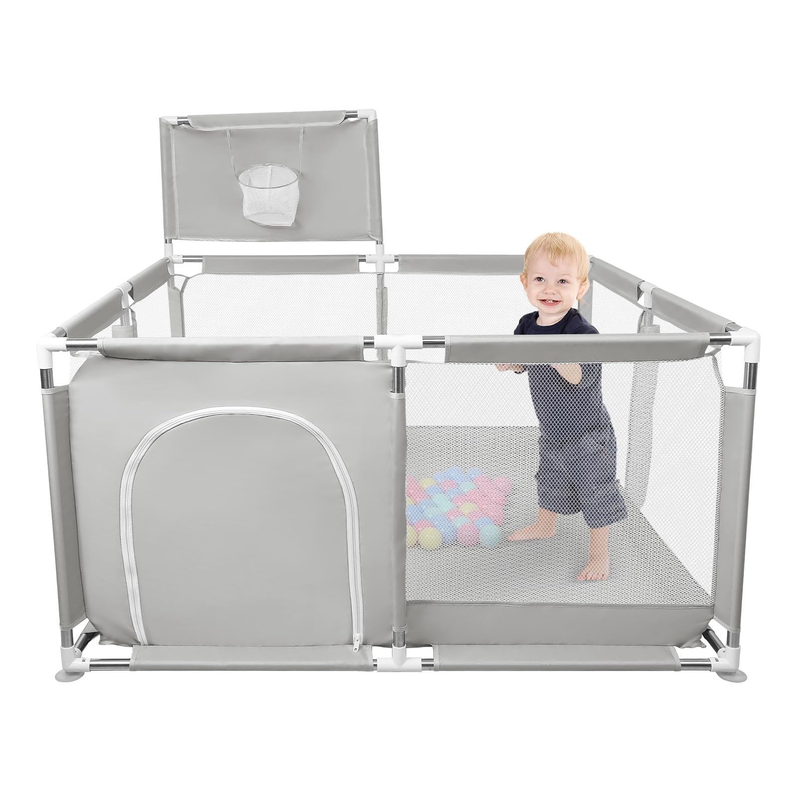 Parc Bébé,grand parc pour enfant en bas âge, d'Activité pour Enfants avec Balle, modulable, pliable, Avec Porte Zippée,Basketball Rack,Avec 4 Ventouses, 126 * 126 * 66cm-Gris clair