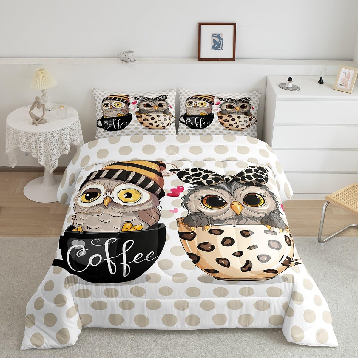 Owl Couple King Size Comforter Set Kids Kawaii Animals Decor All Season Bedding Set for Girls Teens Polka Dot Leopard Print Comforter Cute Owl Pattern Decor Quilt Set Bedroom Collection 3Pcs