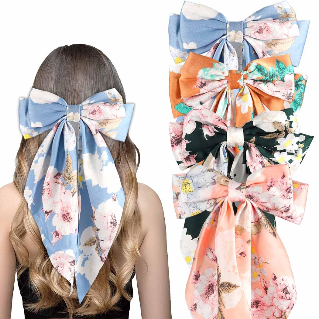 Satin Hair Bows for Women Floral Bow Hair Clips for Thick Curly Hair Large bowknot hair Barrettes Flower Print Hair Accessories Cute Gifts for Women and Girls 4 pcs