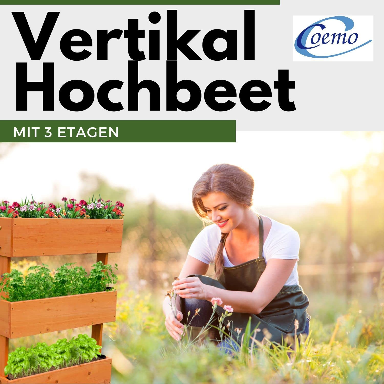 Coemo Vertikalbeet Hochbeet 3 Etagen aus Nadelholz, 50x30x75 cm, Braun